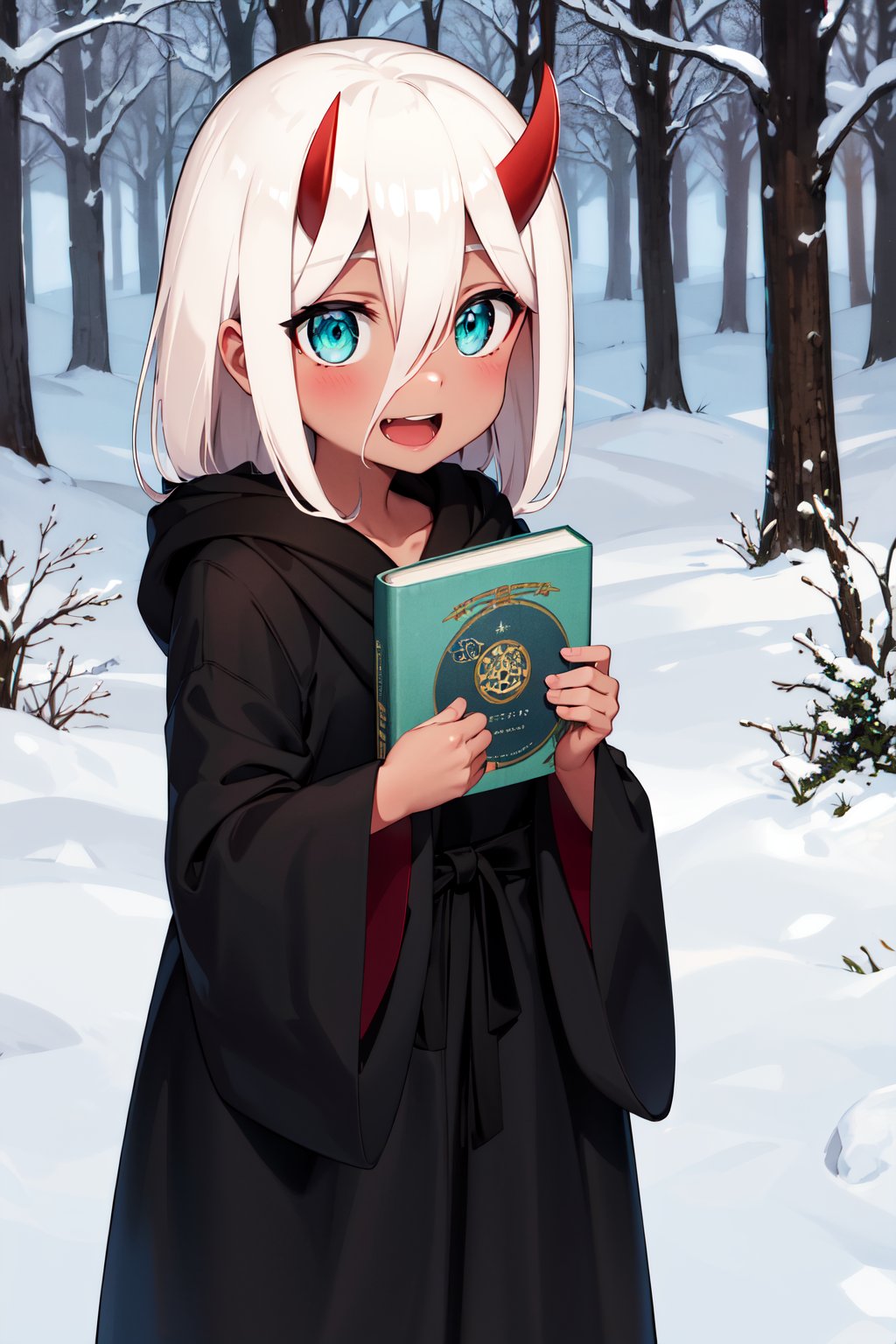 masterpiece, best quality, highres, eezero2, child, aged down, long hair, white hair, oni horns, hair between eyes, aqua eyes, red skin, colored skin, black robe, long sleeves, wide sleeves, <lora:zero_two_(darling_in_the_franxx)_v1:0.7>, smile, open mouth, stading, outdoors, snow, forest, holding book, 