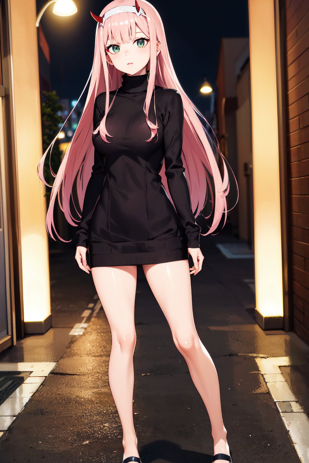 masterpiece, best quality, highres, aazero2, long hair, horns, hairband, <lora:zero_two_(darling_in_the_franxx)_v1:0.7>, sweater dress, turtleneck, standing, street, night