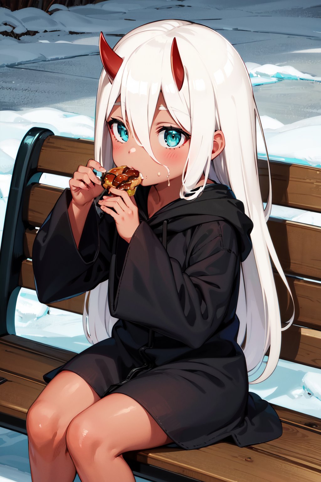 masterpiece, best quality, highres, eezero2, child, aged down, long hair, white hair, oni horns, hair between eyes, aqua eyes, red skin, colored skin, black robe, long sleeves, wide sleeves, <lora:zero_two_(darling_in_the_franxx)_v1:0.7>, sitting, bench, food, eating, 