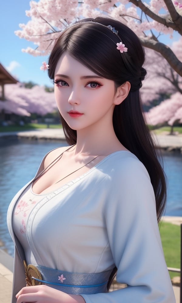 (,1girl, ,best quality, )<lora:DA_寒千落-墓王之王:0.6>,, ,masterpiece, fantasy, realistic,science fiction,mole, ultra realistic 8k cg, ,tamari \(flawless\),  medium breasts,outdoors, sun,sunlight, cherry blossoms,      (()), (),