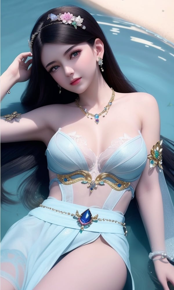 (,1girl, ,best quality, )<lora:DA_寒千落-墓王之王:0.7>,, ,masterpiece, ((((1girl, solo, medium breasts, ,solo focus, lying on water, )))) (()), (), ,ultra realistic 8k cg, flawless, clean, masterpiece, professional artwork, famous artwork, cinematic lighting, cinematic bloom, perfect face, beautiful face, fantasy, dreamlike, unreal, science fiction, luxury, jewelry, diamond, gold, pearl, gem, sapphire, ruby, emerald, intricate detail, delicate pattern, charming, alluring, seductive, erotic, enchanting, hair ornament, necklace, earrings, bracelet, armlet,halo,