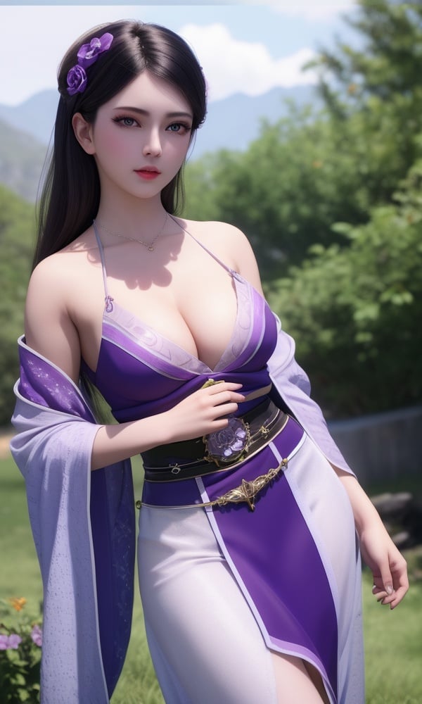 (,1girl, ,best quality, )<lora:DA_寒千落-墓王之王:0.8>,, ,masterpiece, fantasy, realistic,science fiction,mole, ultra realistic 8k cg, ,tamari \(flawless\),  medium breasts  ,purple flower,       (()), (),