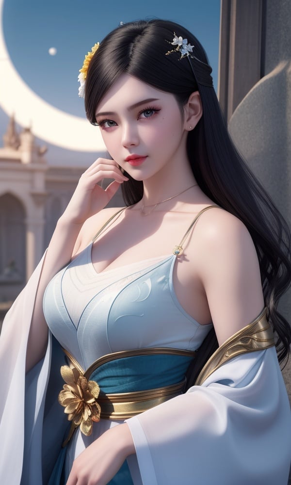 (,1girl, ,best quality, )<lora:DA_寒千落-墓王之王:0.6>,, ,masterpiece, fantasy, realistic,science fiction,mole, ultra realistic 8k cg, ,tamari \(flawless\),  medium breasts ,crescent moon, jasmine \(flower\),     (()), (),