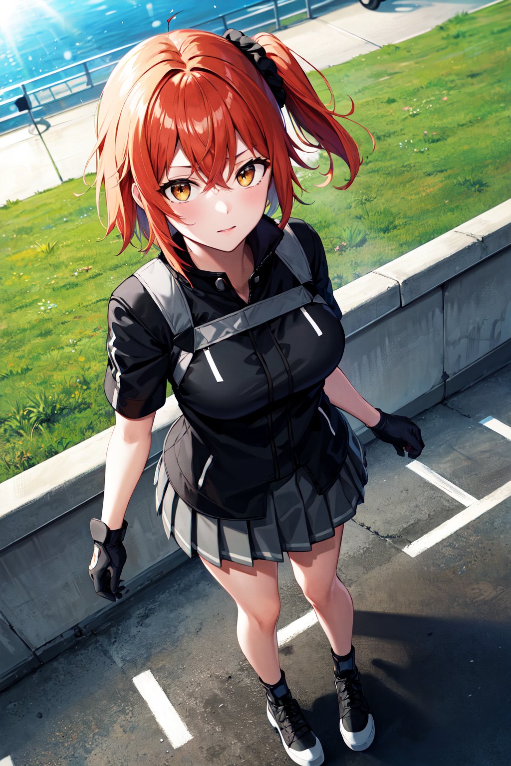 masterpiece, best quality, highres, aaritsuka, short hair, ahoge, hair scrunchie, black scrunchie, medium breasts, black jacket, harness, black gloves, grey skirt, pleated skirt, <lora:fujimaru_ritsuka_(female)_v1:0.7>, from above, standing, sunlight, outdoors