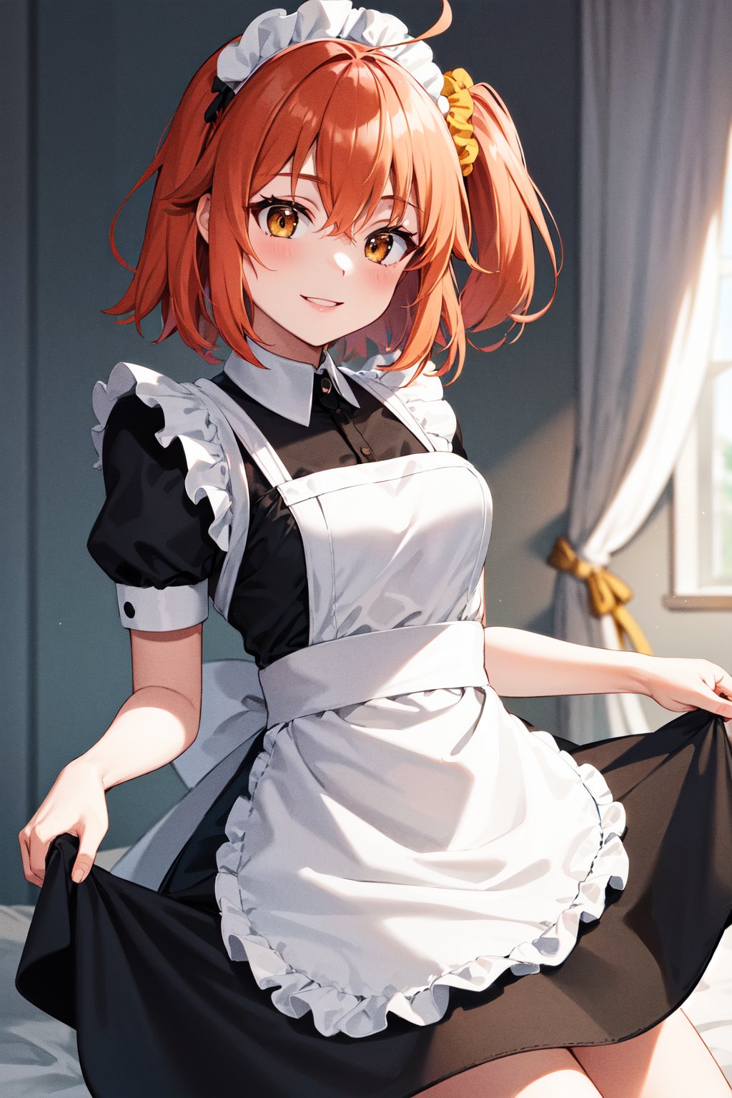 masterpiece, best quality, highres, aaritsuka, short hair, ahoge, hair scrunchie, orange scrunchie, <lora:fujimaru_ritsuka_(female)_v1:0.7>, maid, maid headdress, black dress, skirt hold, smile