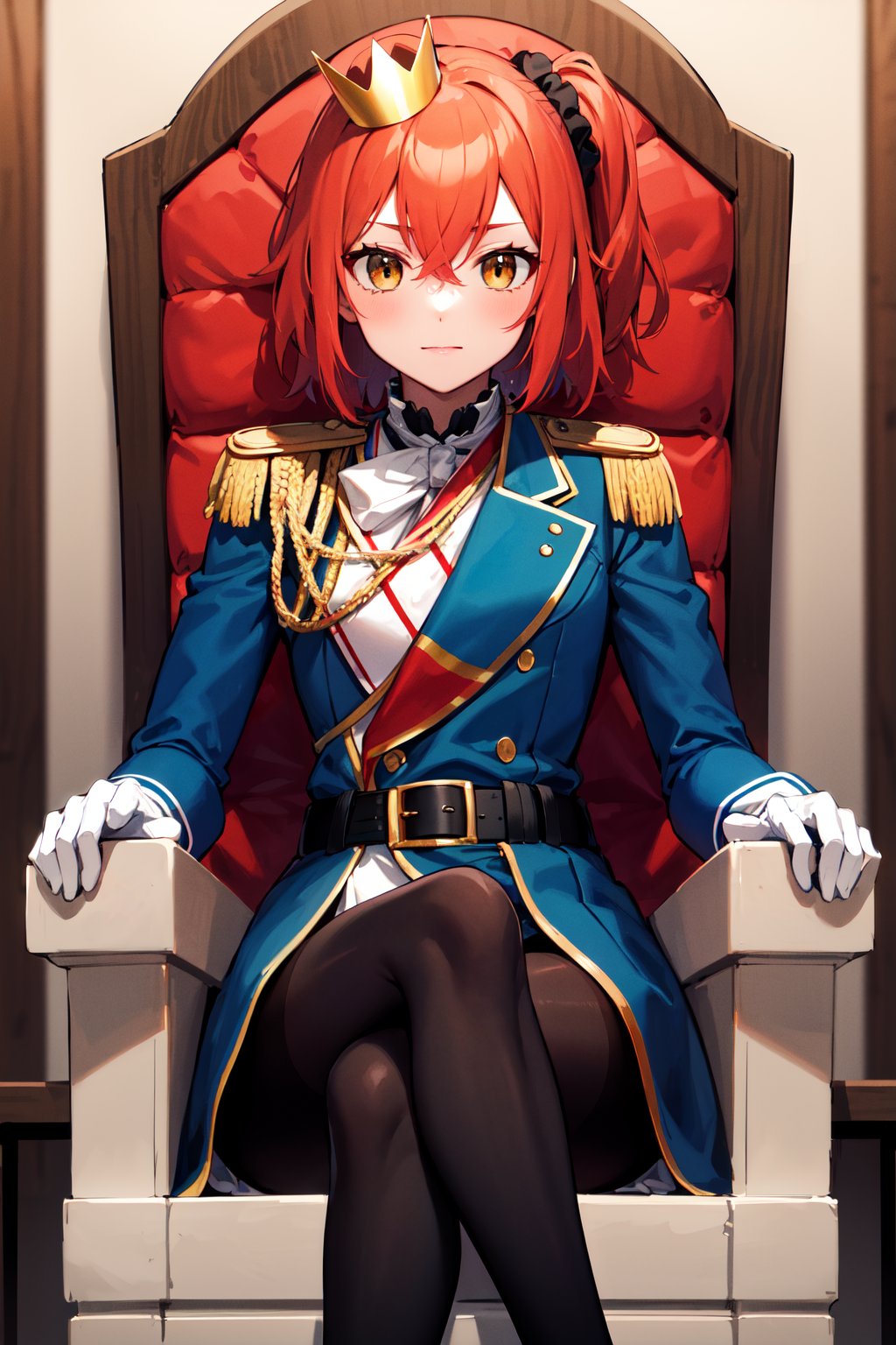 masterpiece, best quality, highres, aaritsuka, short hair, ahoge, hair scrunchie, black scrunchie, mini crown, epaulettes, blue jacket, aiguillette, white gloves, black belt, black pantyhose, <lora:fujimaru_ritsuka_(female)_v1:0.7>, indoors, throne, sitting, crossed legs, 