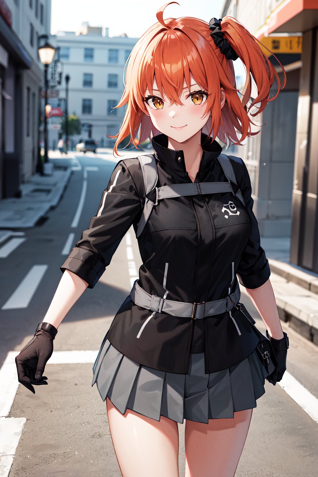 masterpiece, best quality, highres, aaritsuka, short hair, ahoge, hair scrunchie, black scrunchie, medium breasts, black jacket, harness, black gloves, grey skirt, pleated skirt, <lora:fujimaru_ritsuka_(female)_v1:0.7>, street, standing, cowboy shot, smile