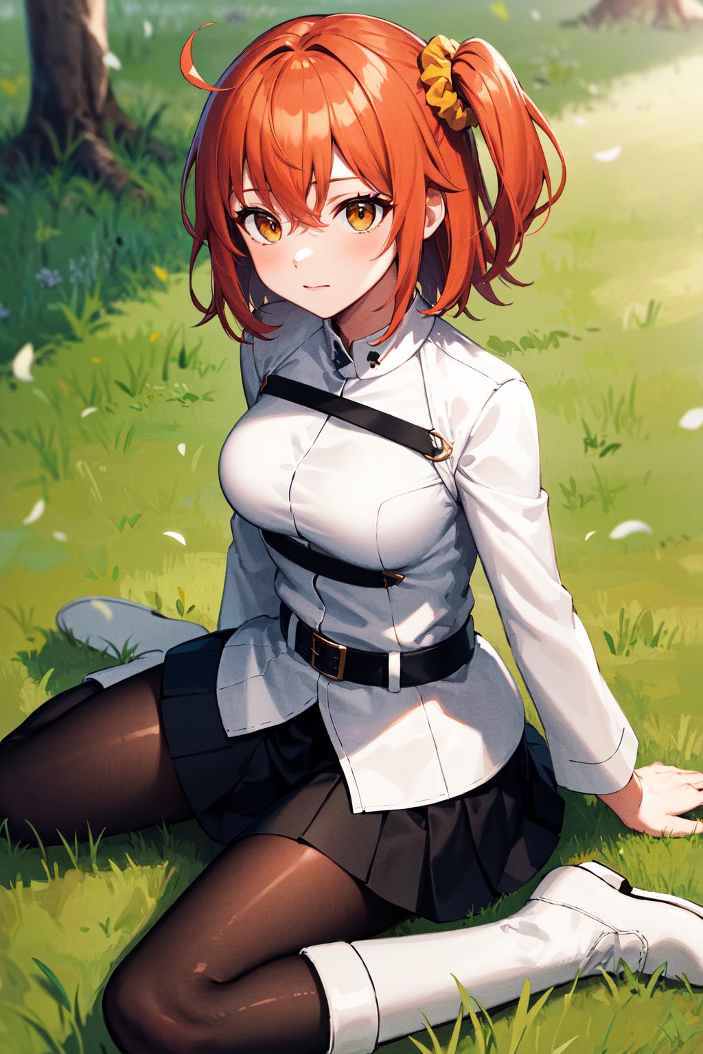 masterpiece, best quality, highres, aaritsuka, short hair, ahoge, hair scrunchie, orange scrunchie, medium breasts, white jacket, harness, long sleeves, belt, black skirt, miniskirt, black pantyhose, <lora:fujimaru_ritsuka_(female)_v1:0.7>, wariza, on floor, grass, white footwear, boots,