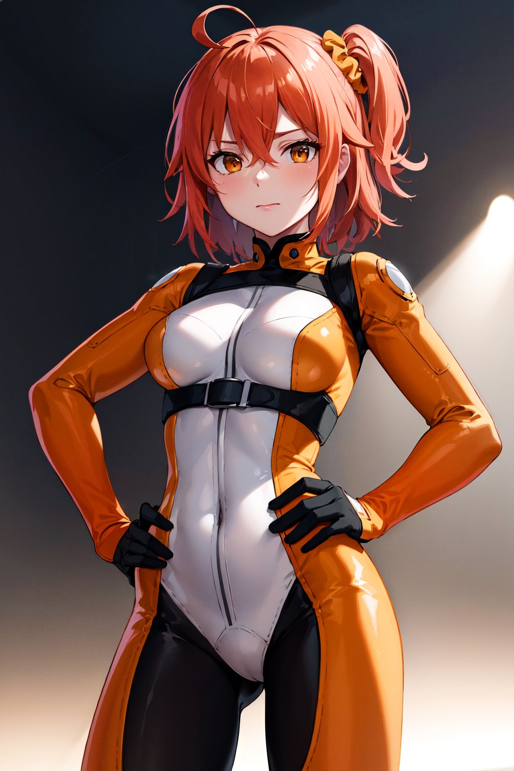 masterpiece, best quality, highres, aaritsuka, short hair, ahoge, hair scrunchie, orange scrunchie, medium breasts,  (orange bodysuit:1.2), black gloves, <lora:fujimaru_ritsuka_(female)_v1:0.7>, hand on hip, standing