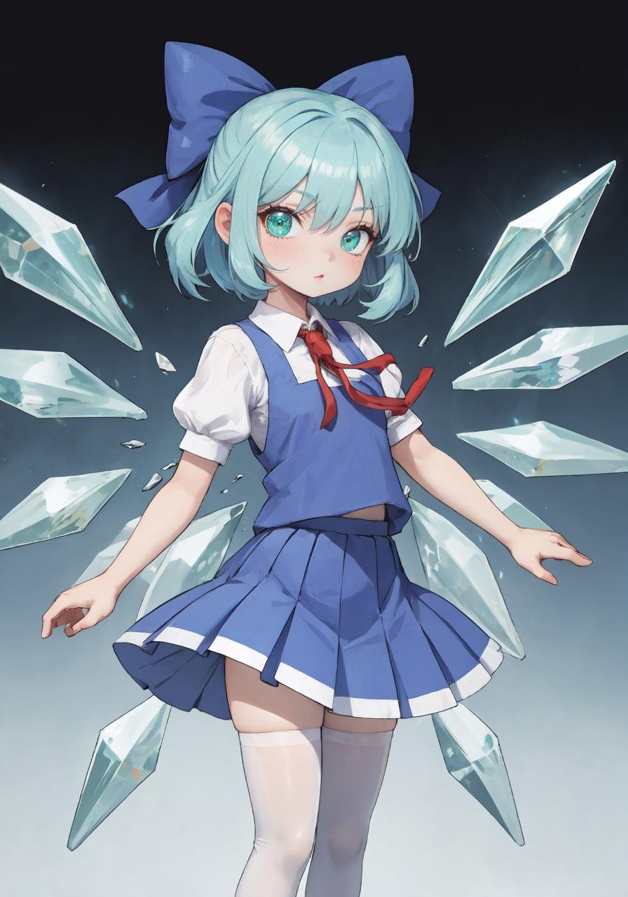 Cirno, crystals ,thighhighs, skindentation, pleated skirt <lora:cutestyle:0.5>