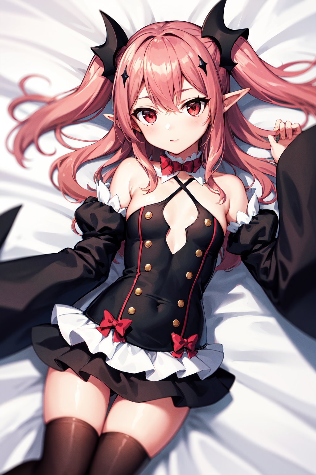 masterpiece, best quality, highres, aakrul, long hair, two side up, hair ornament, pointy ears, small breasts, frilled choker, red bow, bare shoulders, black dress, detached sleeves, sleeves past wrists. thighhighs, <lora:krul_tepes_v1:0.7>, lying, from above, bed