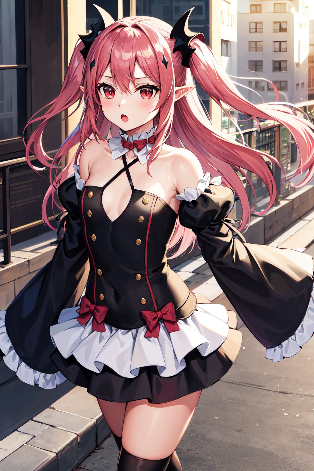 masterpiece, best quality, highres, aakrul, long hair, two side up, hair ornament, pointy ears, small breasts, frilled choker, red bow, bare shoulders, black dress, detached sleeves, sleeves past wrists. thighhighs, <lora:krul_tepes_v1:0.7>, walking, cowboy shot, city, :o