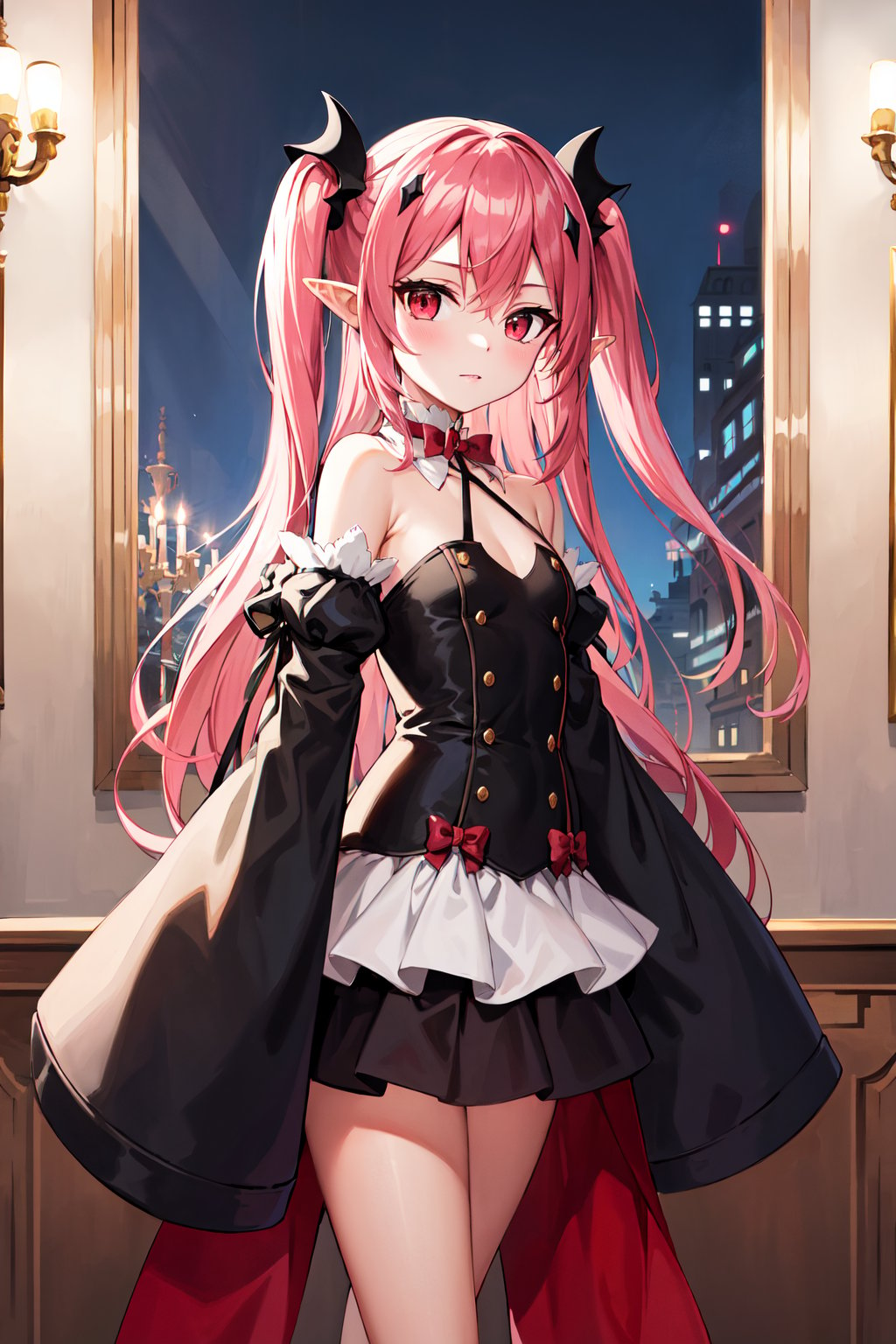 masterpiece, best quality, highres, aakrul, long hair, two side up, hair ornament, pointy ears, small breasts, frilled choker, red bow, bare shoulders, black dress, detached sleeves, sleeves past wrists. thighhighs, <lora:krul_tepes_v1:0.7>, standing, cowboy shot, indoors, chandelier, night, looking at viewer, 