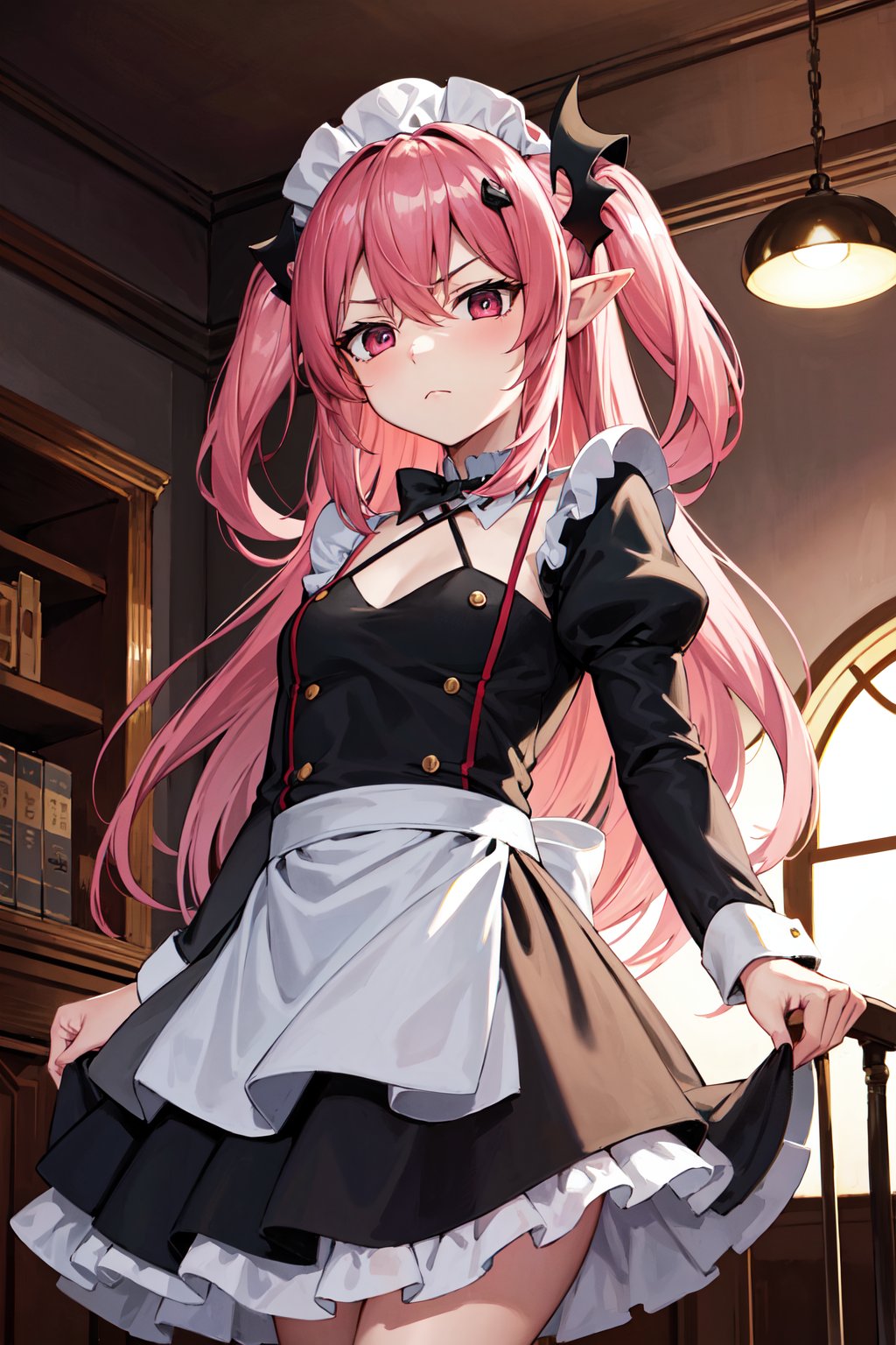 masterpiece, best quality, highres, aakrul, long hair, two side up, hair ornament, pointy ears, small breasts, <lora:krul_tepes_v1:0.7>, indoors, frown, maid, maid headdress, dress, 