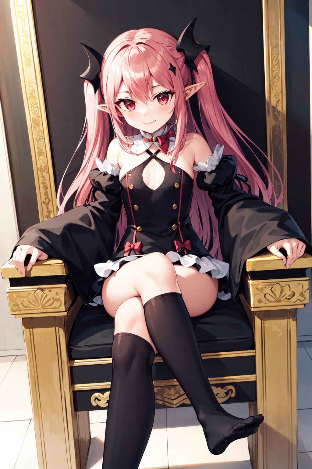 masterpiece, best quality, highres, aakrul, long hair, two side up, hair ornament, pointy ears, small breasts, frilled choker, red bow, bare shoulders, black dress, detached sleeves, sleeves past wrists. thighhighs, <lora:krul_tepes_v1:0.7>, throne, sitting, crossed legs, smile