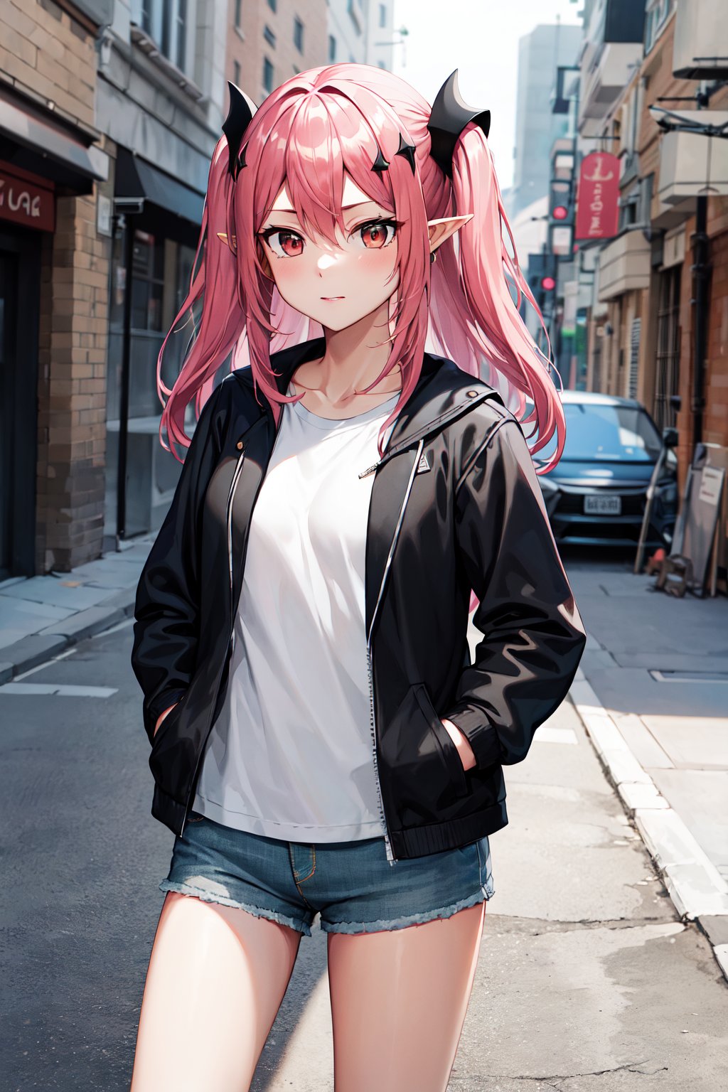 masterpiece, best quality, highres, aakrul, long hair, two side up, hair ornament, pointy ears, small breasts, <lora:krul_tepes_v1:0.7>, black jacket, white shirt, short shorts, denim, standing, cowboy shot, outdoors. hands in pockets, street