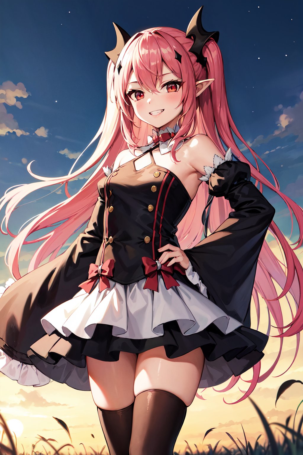 masterpiece, best quality, highres, aakrul, long hair, two side up, hair ornament, pointy ears, small breasts, frilled choker, red bow, bare shoulders, black dress, detached sleeves, sleeves past wrists. thighhighs, <lora:krul_tepes_v1:0.7>, grin, smile, field, night, standing, hand on hip, 