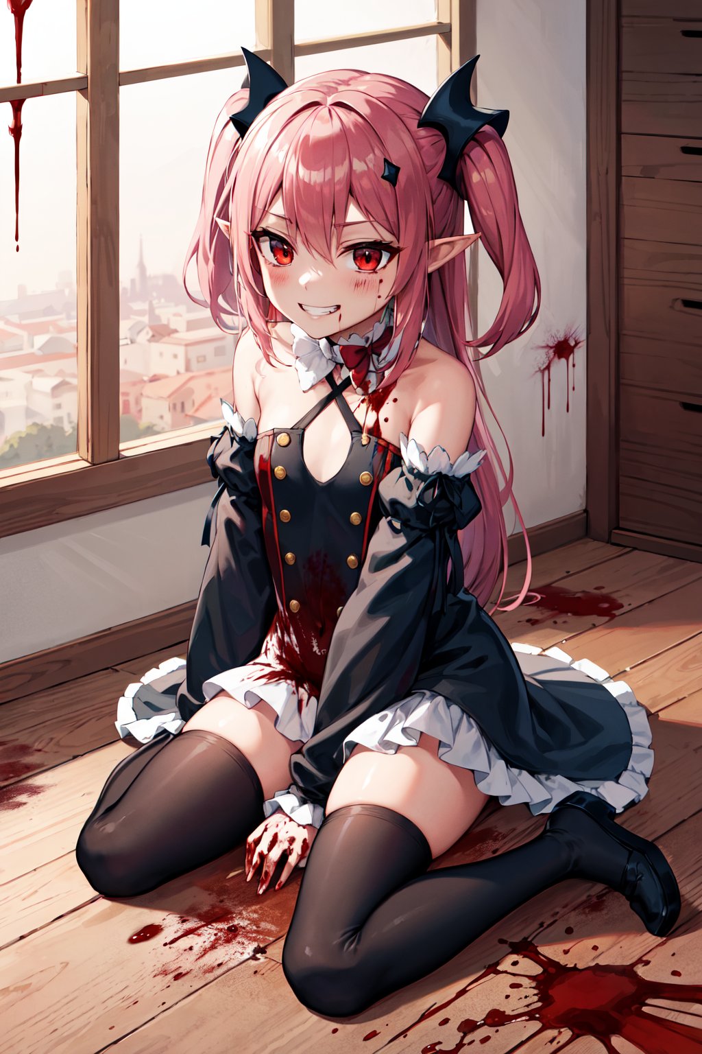 masterpiece, best quality, highres, aakrul, long hair, two side up, hair ornament, pointy ears, small breasts, frilled choker, red bow, bare shoulders, black dress, detached sleeves, sleeves past wrists. thighhighs, <lora:krul_tepes_v1:0.7>, grin, indroos, (blood:1.3), sitting, wariza, room