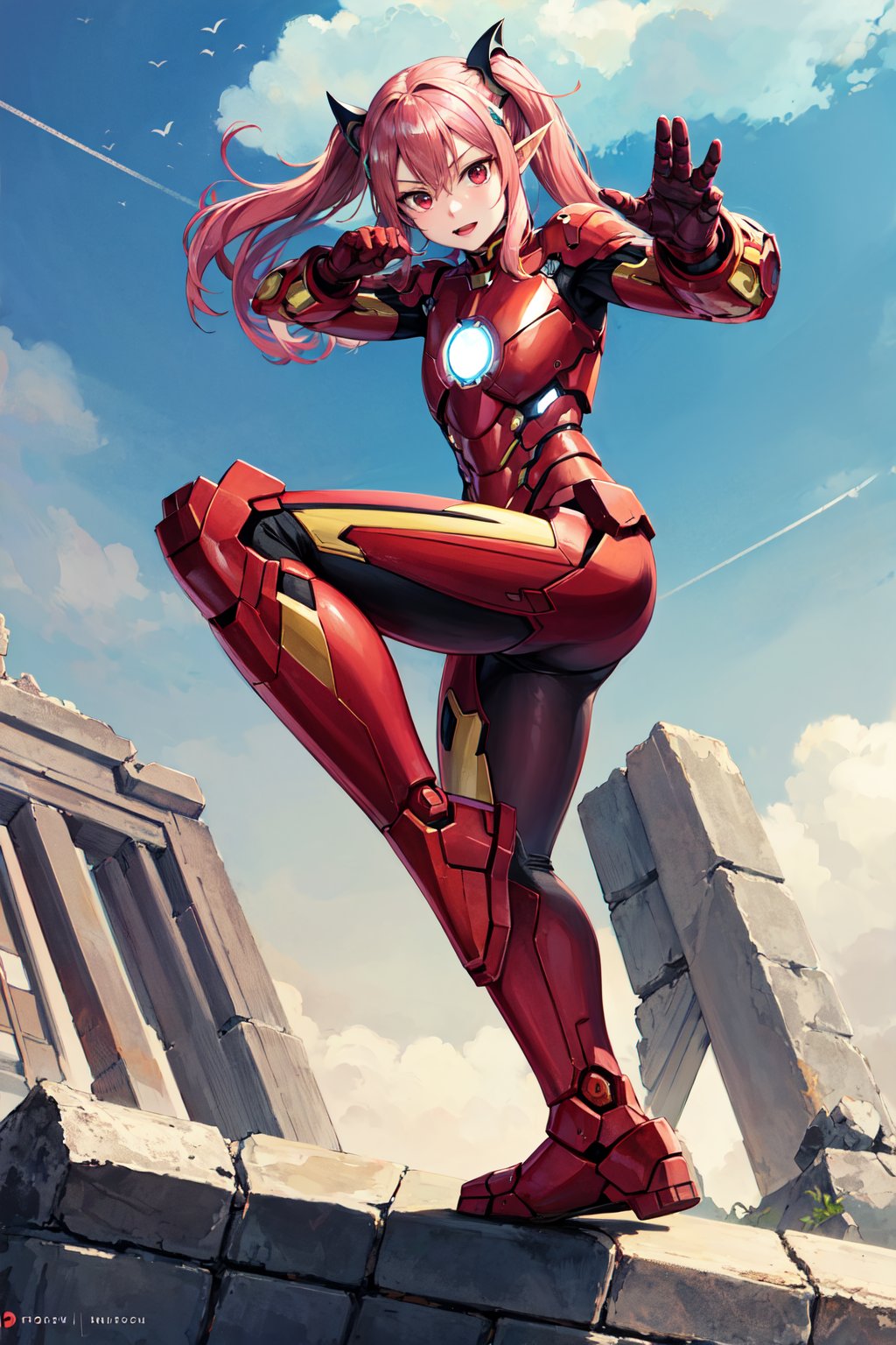 masterpiece, best quality, highres, aakrul, long hair, two side up, hair ornament, pointy ears, small breasts, <lora:krul_tepes_v1:0.7>, iron man, fighting stance, ruins, 