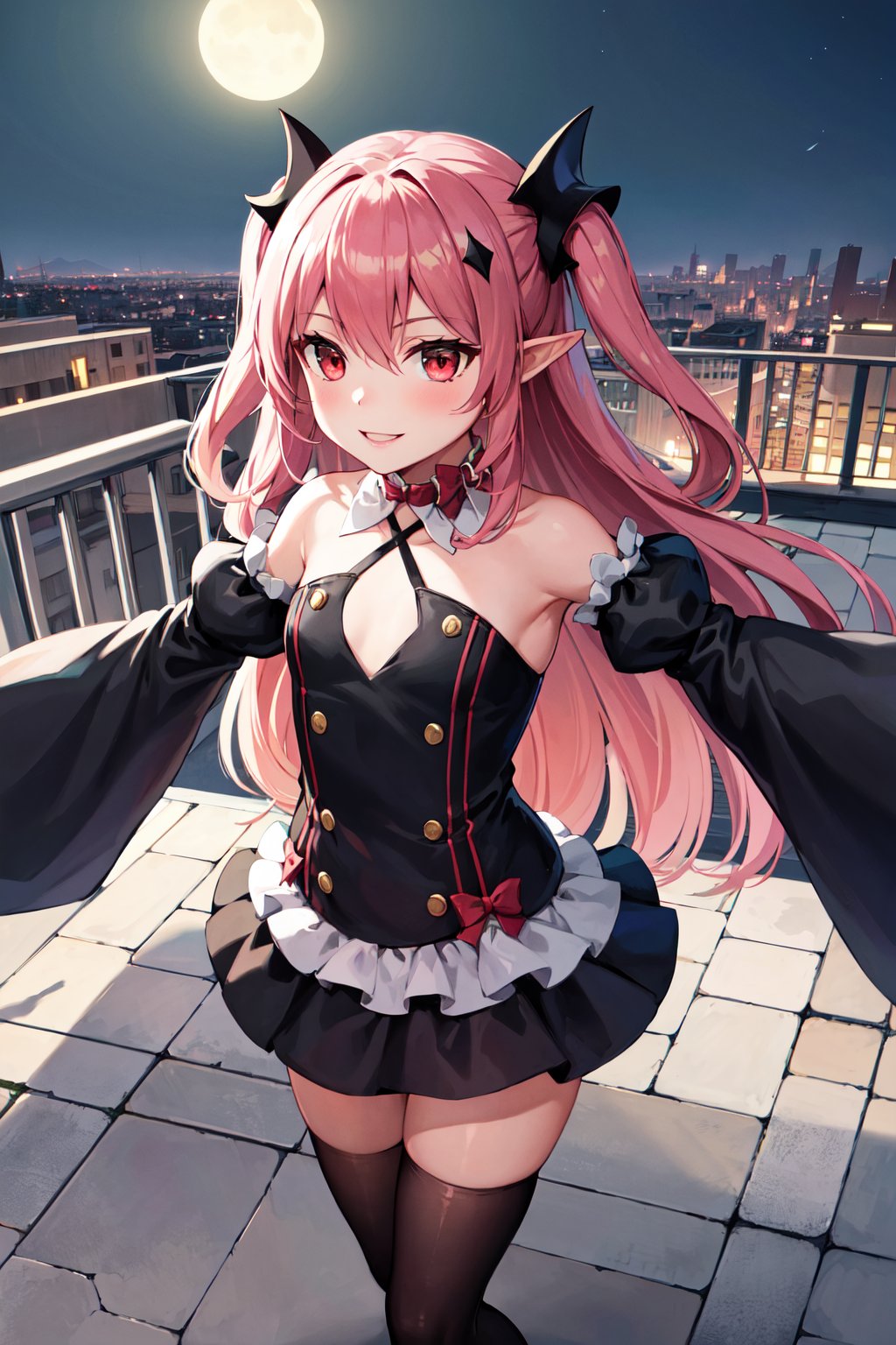 masterpiece, best quality, highres, aakrul, long hair, two side up, hair ornament, pointy ears, small breasts, frilled choker, red bow, bare shoulders, black dress, detached sleeves, sleeves past wrists. thighhighs, <lora:krul_tepes_v1:0.7>, night, ruins, rooftop, outstretched arms, smile, building, standing, cowboy shot, 