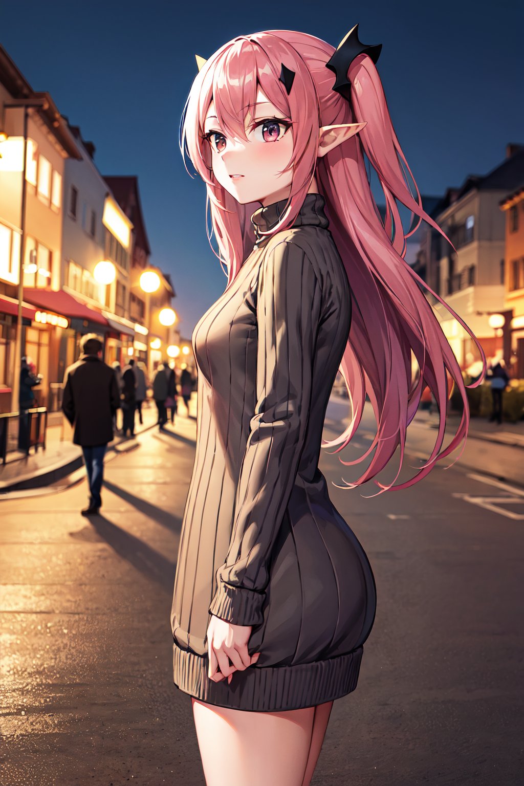 masterpiece, best quality, highres, aakrul, long hair, two side up, hair ornament, pointy ears, small breasts, <lora:krul_tepes_v1:0.7>, sweater dress, ribbed sweater, turtleneck, outdoors, street, night, standing