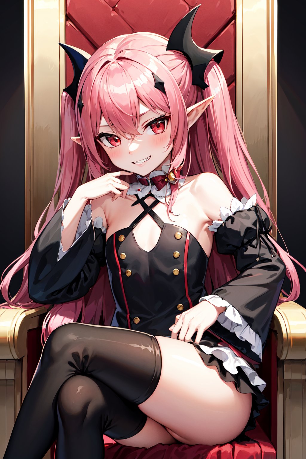 masterpiece, best quality, highres, aakrul, long hair, two side up, hair ornament, pointy ears, small breasts, frilled choker, red bow, bare shoulders, black dress, detached sleeves, sleeves past wrists. thighhighs, <lora:krul_tepes_v1:0.7>, throne, sitting, crossed legs, evil grin, 