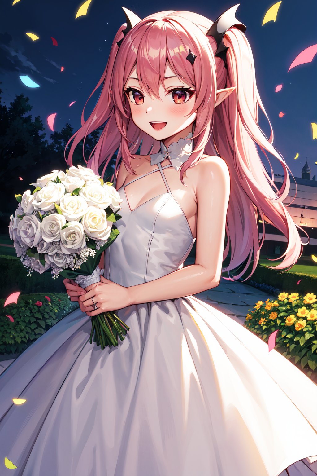 masterpiece, best quality, highres, aakrul, long hair, two side up, hair ornament, pointy ears, small breasts, <lora:krul_tepes_v1:0.7>, garden, night, confetti, smile, open mouth, wedding dress, white dress, holding bouquet, 