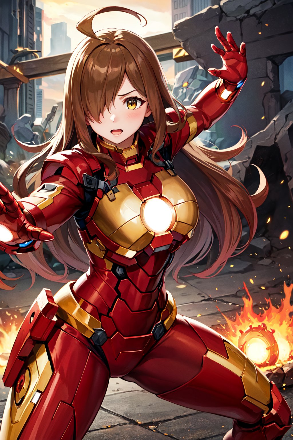 masterpiece, best quality, highres, 1girl, aawiz, long hair, ahoge, hair over one eye, large breasts, <lora:wiz_(konosuba)_v1:0.7>, iron man, fighting stance, ruins,