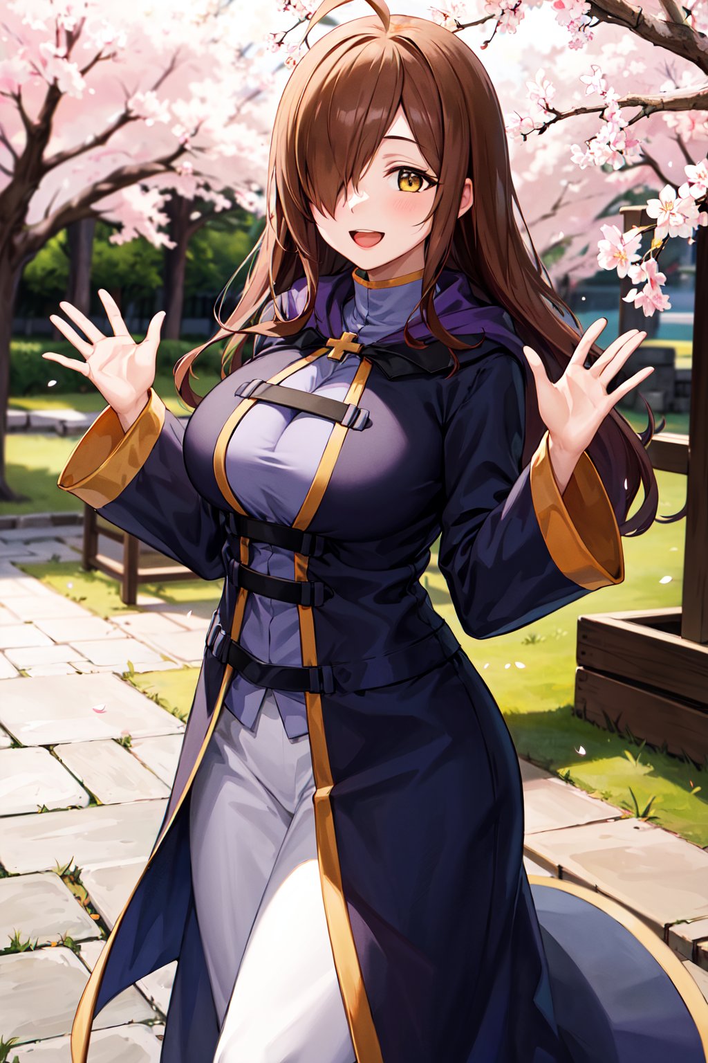 masterpiece, best quality, highres, 1girl, aawiz, long hair, ahoge, hair over one eye, large breasts, robe, long sleeves, <lora:wiz_(konosuba)_v1:0.7>, waving, outdoors, cherry blossoms, standing, smile, open mouth, 