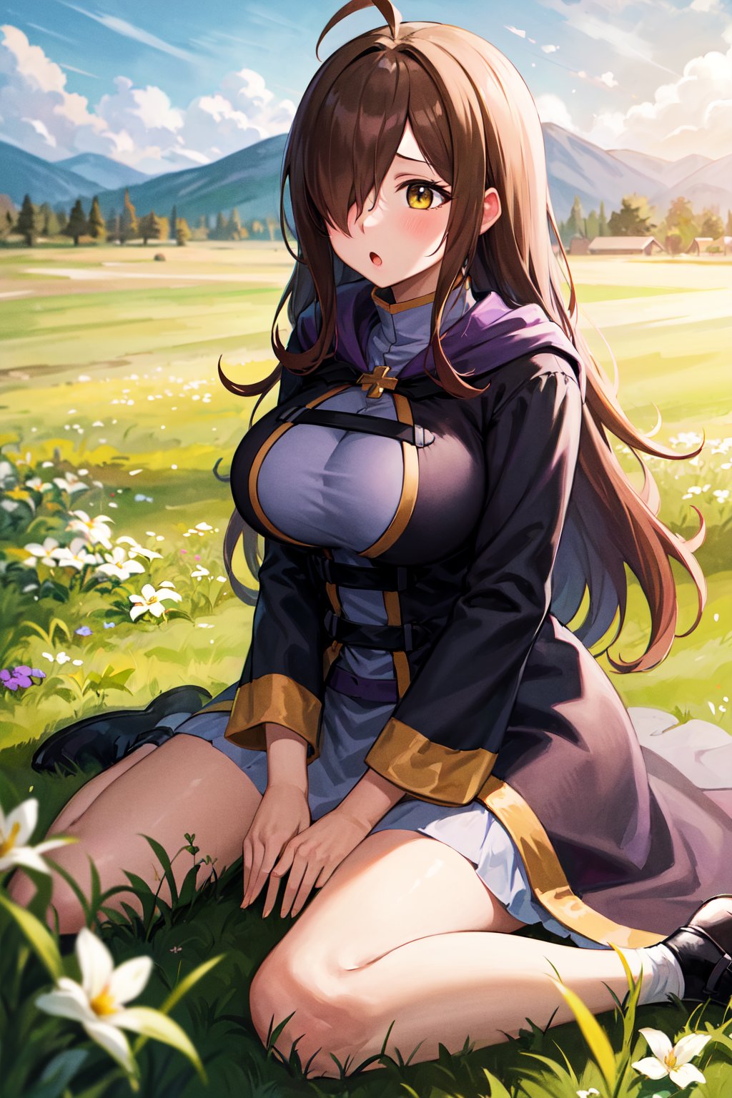 masterpiece, best quality, highres, 1girl, aawiz, long hair, ahoge, hair over one eye, large breasts, robe, long sleeves, <lora:wiz_(konosuba)_v1:0.7>, :o, grass, field, flower, wariza, sitting