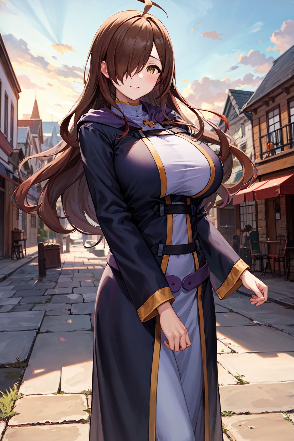 masterpiece, best quality, highres, 1girl, aawiz, long hair, ahoge, hair over one eye, large breasts, robe, long sleeves, <lora:wiz_(konosuba)_v1:0.7>, standing, town, outdoors, cowboy shot