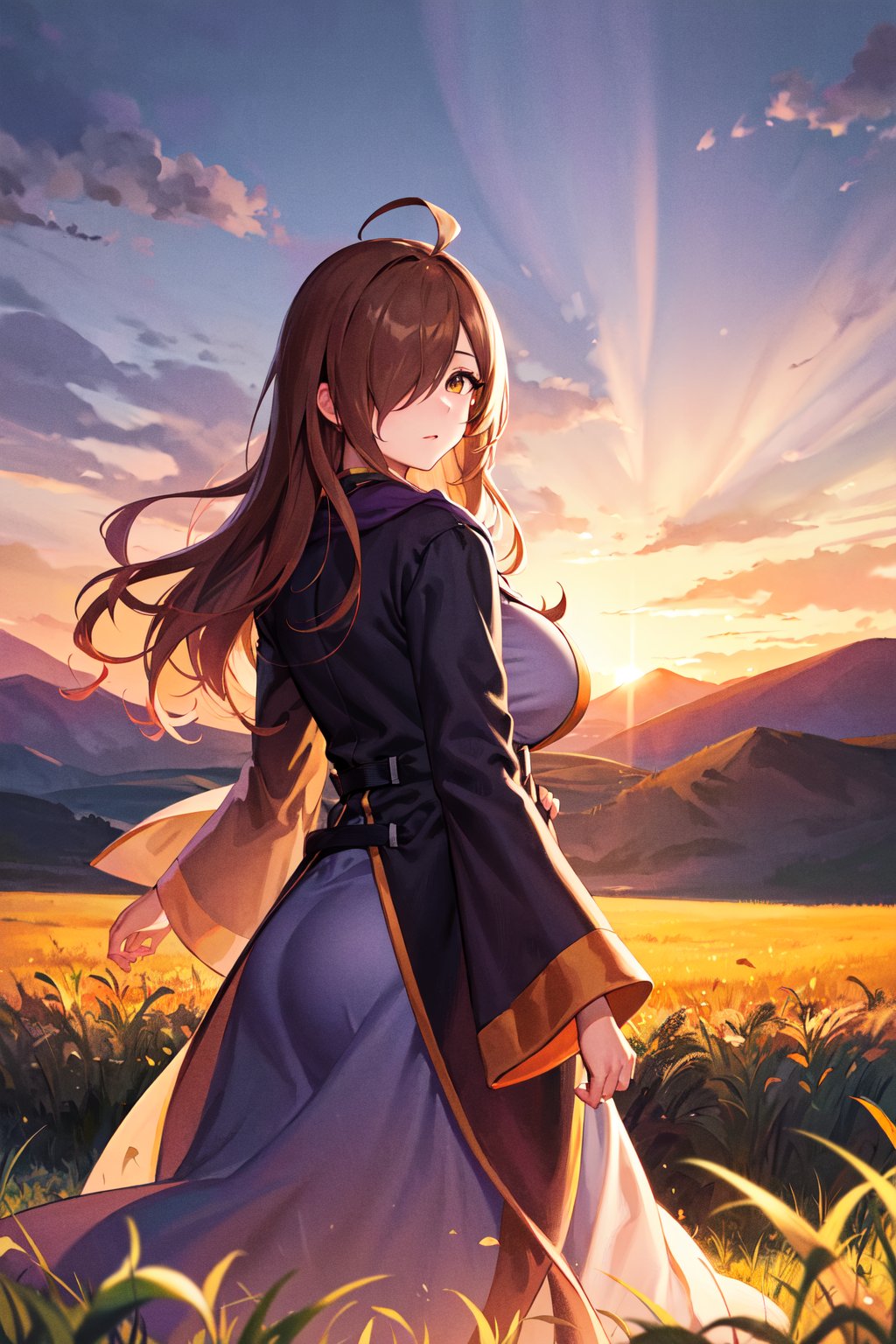 masterpiece, best quality, highres, 1girl, aawiz, long hair, ahoge, hair over one eye, large breasts, robe, long sleeves, <lora:wiz_(konosuba)_v1:0.7>, sunset, field, standing, from behind, looking at viewer, 