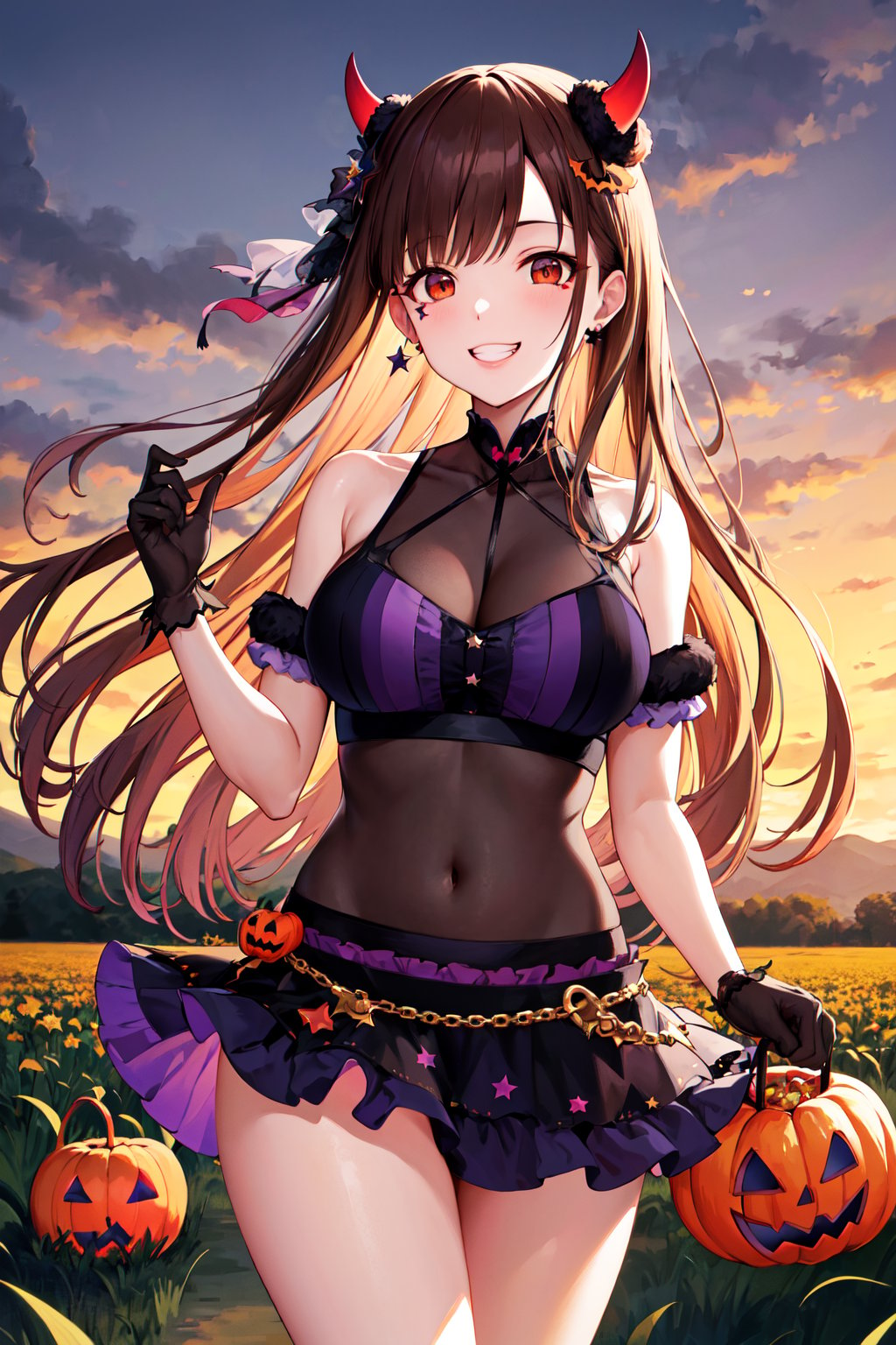 masterpiece, best quality, highres, bbchiyoko, long hair, demon horns, hair ornament, earrings, facial mark, star \(symbol\), bare shoulders, see-through, purple shirt, bodysuit, gloves, (covered navel:1.1), purple skirt, miniskirt, asymmetrical legwear, <lora:sonoda_chiyoko_v1:0.7>, grin, sunset, halloween bucket, holding bucket, field, standing