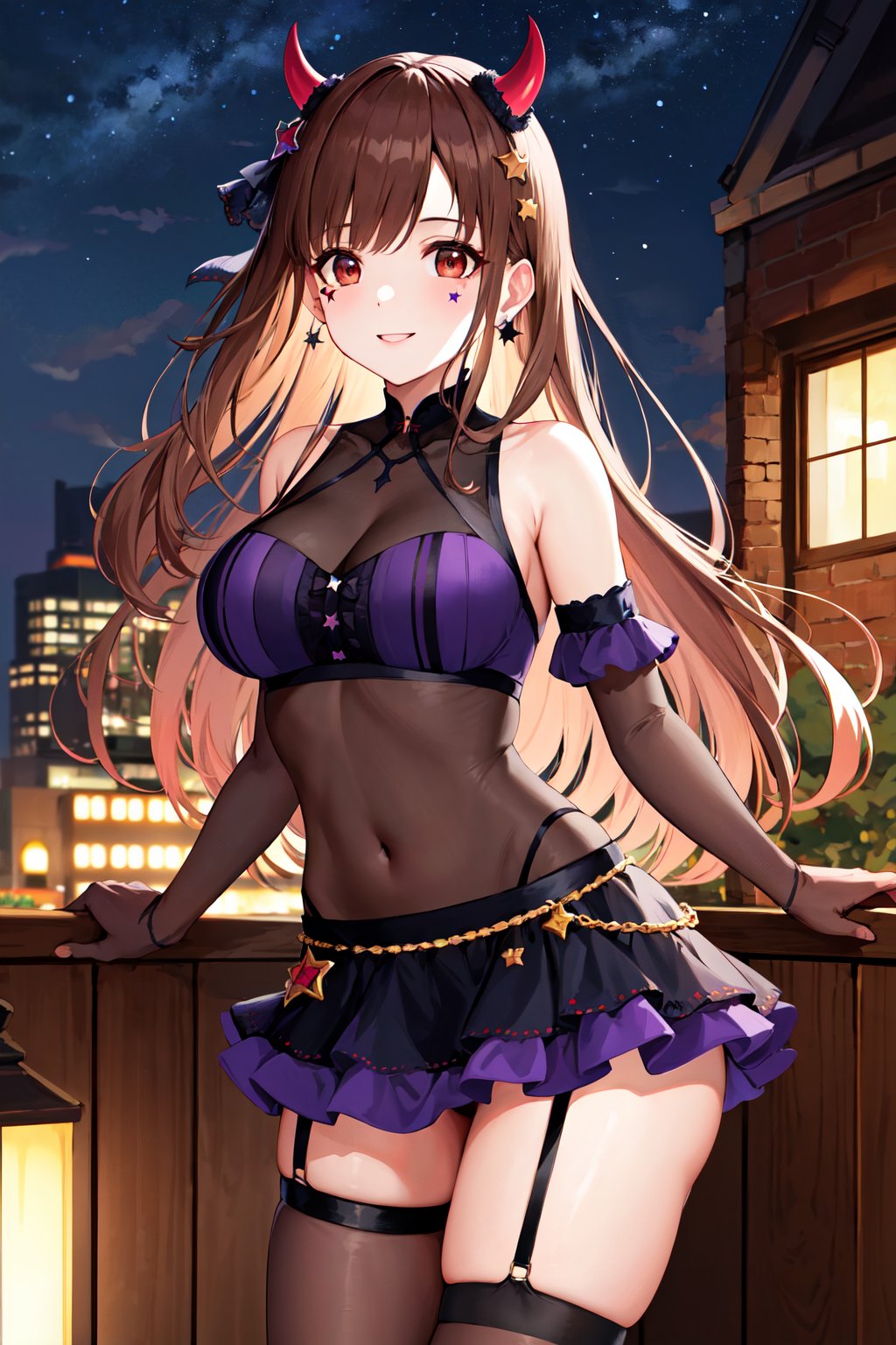 masterpiece, best quality, highres, bbchiyoko, long hair, demon horns, hair ornament, earrings, facial mark, star \(symbol\), bare shoulders, see-through, purple shirt, bodysuit, gloves, (covered navel:1.1), purple skirt, miniskirt, asymmetrical legwear, <lora:sonoda_chiyoko_v1:0.7>, night, outdoors, smile, standing, cowboy shot