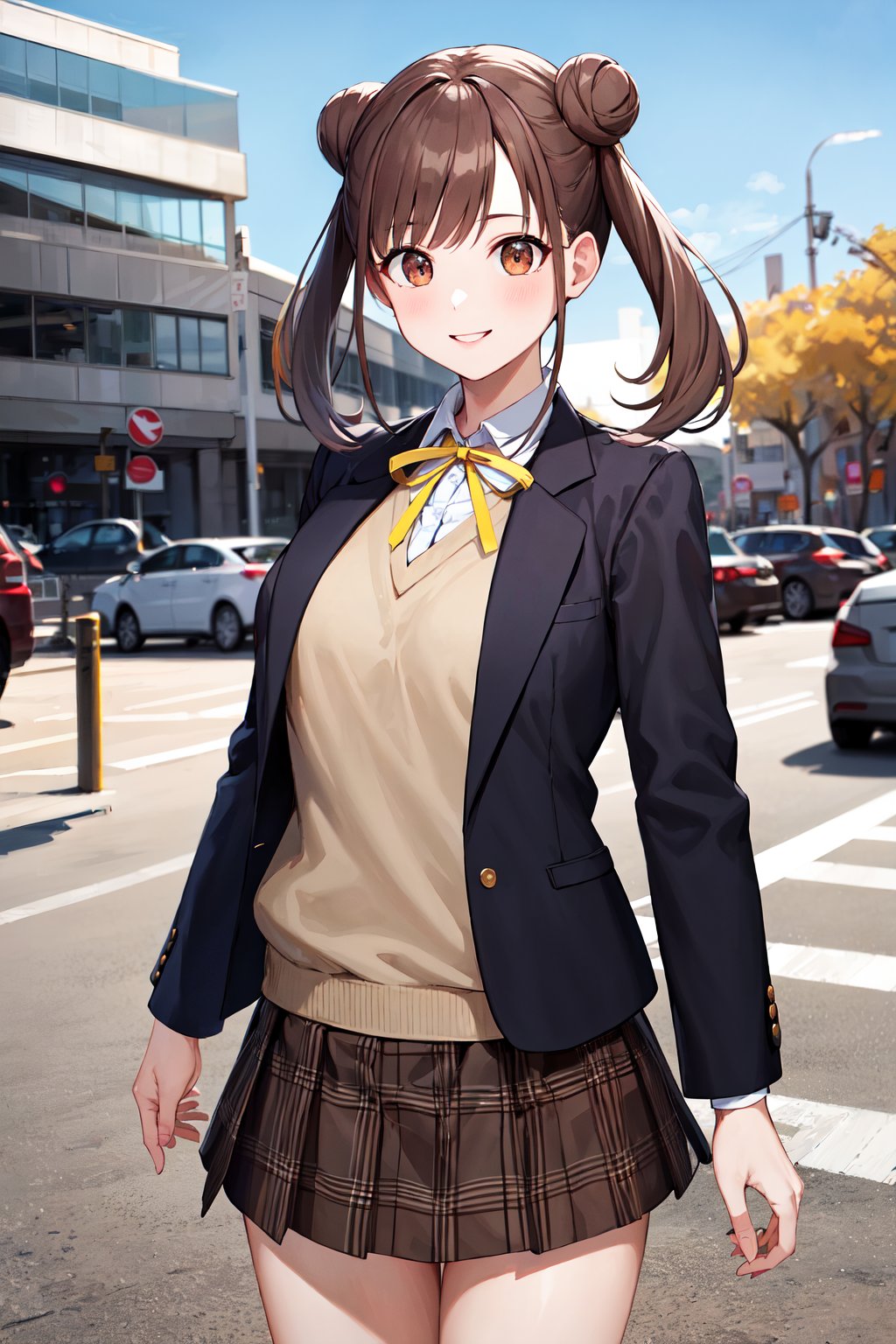 masterpiece, best quality, highres, aachiyoko, double bun, twintails, neck ribbon, yellow ribbon, collared shirt, sweater vest, blazer, black jacket, open clothes, long sleeves, plaid skirt, brown skirt, <lora:sonoda_chiyoko_v1:0.7>, standing, cowboy shot, smile, arms at sides, outdoors, building, 