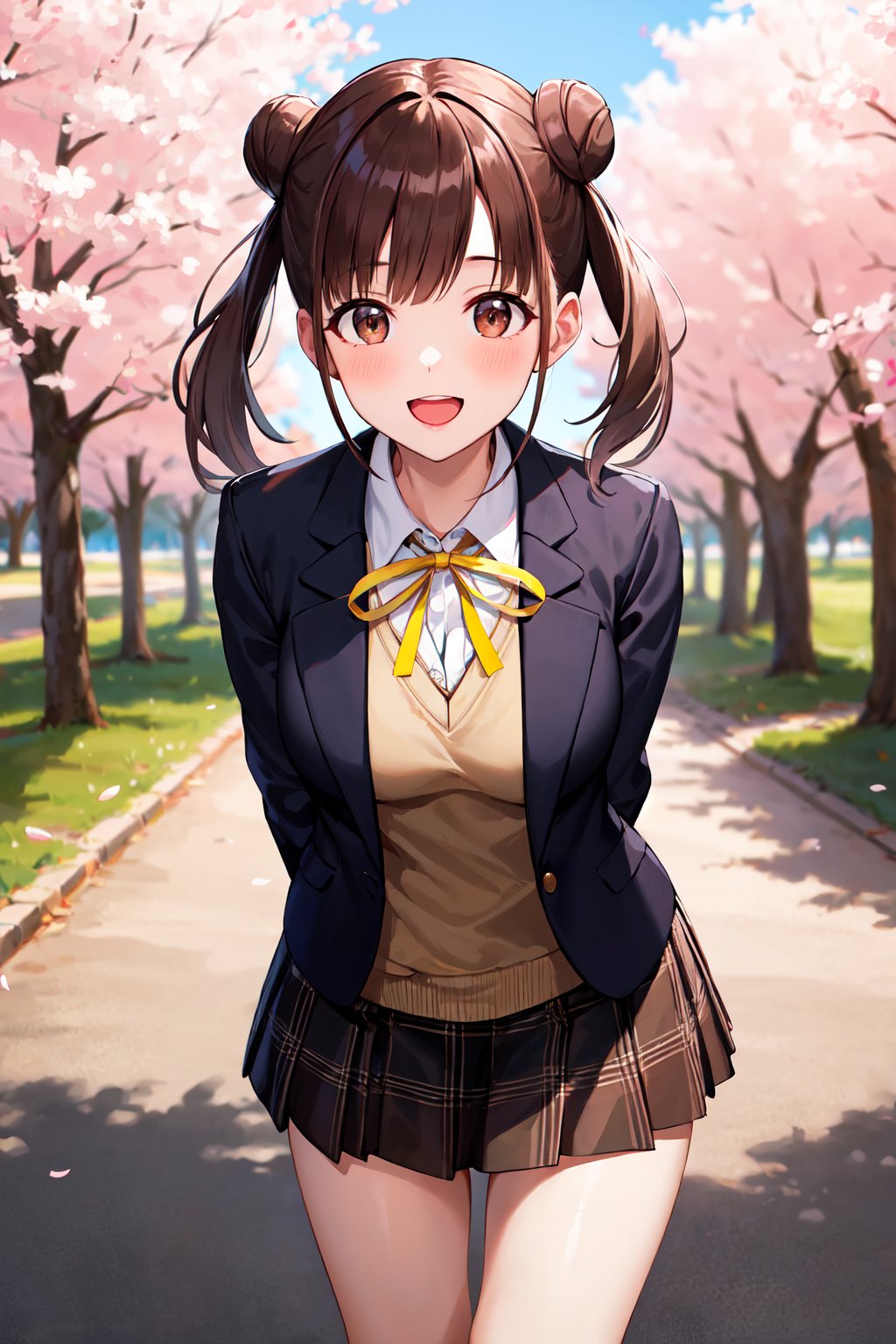 masterpiece, best quality, highres, aachiyoko, double bun, twintails, neck ribbon, yellow ribbon, collared shirt, sweater vest, blazer, black jacket, open clothes, long sleeves, plaid skirt, brown skirt, <lora:sonoda_chiyoko_v1:0.7>, outdoor, cherry blossoms, smile, leaning forward, standing, cowboy shot, open mouth, arms behind back, 