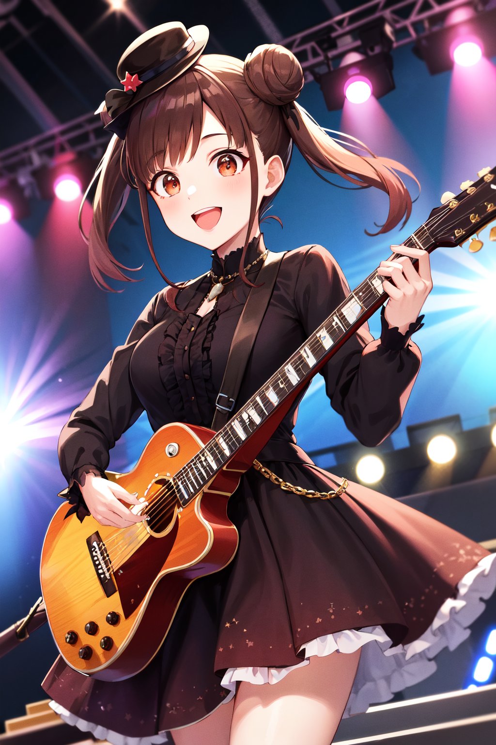 masterpiece, best quality, highres, aachiyoko, double bun, twintails, <lora:sonoda_chiyoko_v1:0.7>, dress, idol clothes, gothic, mini hat, hair ornament, stage, open mouth, smile, holding instrument, guitar