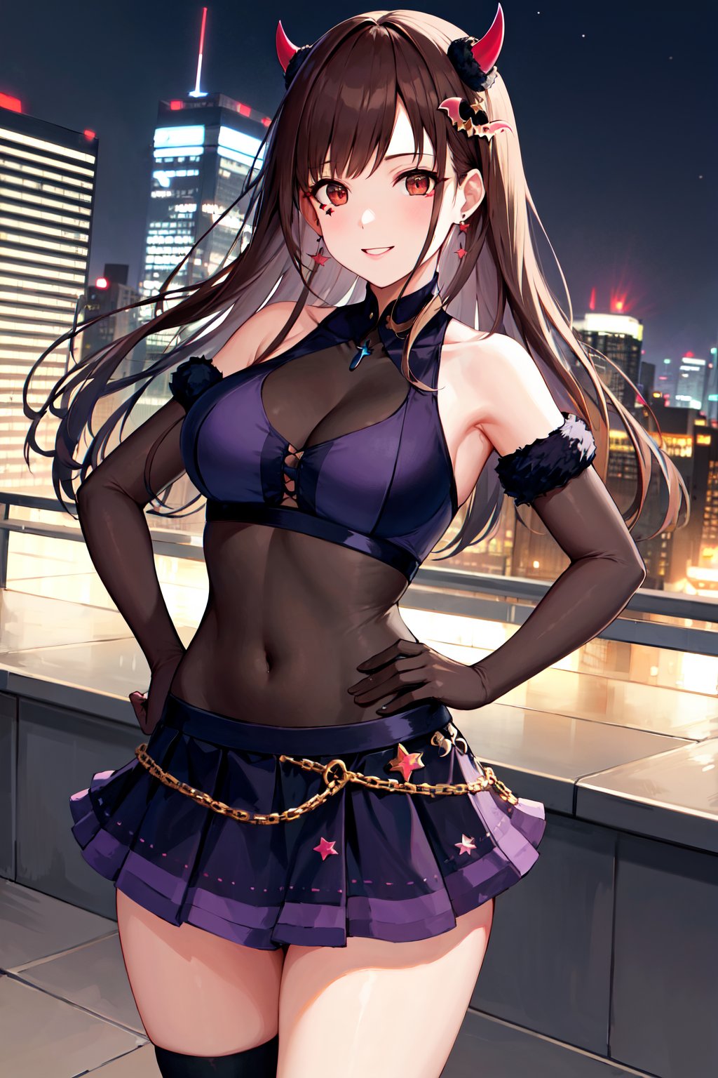 masterpiece, best quality, highres, bbchiyoko, long hair, demon horns, hair ornament, earrings, facial mark, star \(symbol\), bare shoulders, see-through, purple shirt, bodysuit, gloves, (covered navel:1.1), purple skirt, miniskirt, asymmetrical legwear, <lora:sonoda_chiyoko_v1:0.7>, night, city, rooftop, hand on hip, smile, standing, cowboy shot