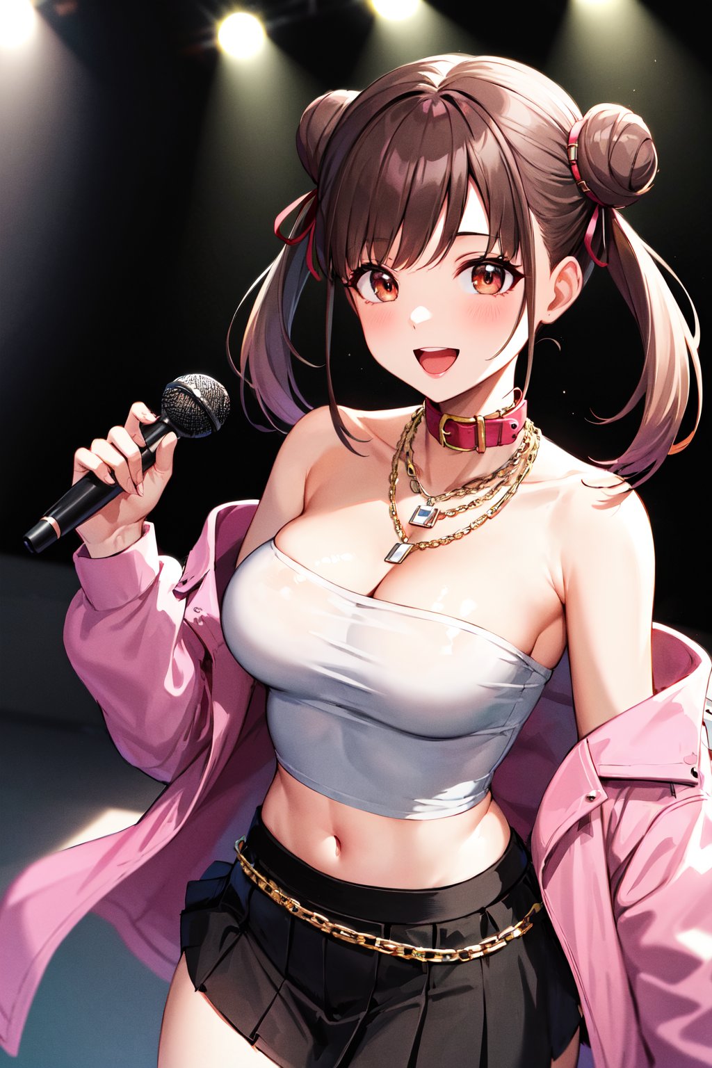 masterpiece, best quality, highres, ccchiyoko, double bun, twintails, hair ribbon, collar, chain necklace, bare shoulders, cleavage, strapless, tube top, white shirt, off shoulder, pink jacket, open jacket, midriff, belt, black skirt, <lora:sonoda_chiyoko_v1:0.7>, stage, holding microphone, smile, open mouth, standing