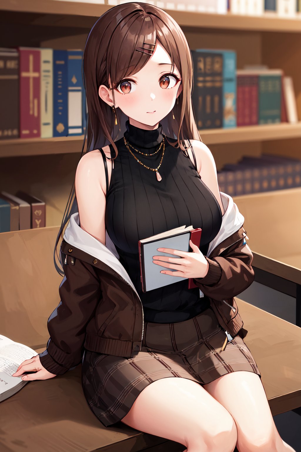 masterpiece, best quality, highres, eechiyoko, long hair, hairclip, earrings, turtleneck, bare shoulders, off shoulder, sleeveless sweater, (black sweater:1.2), brown jacket, long sleeves, brown skirt, plaid skirt, <lora:sonoda_chiyoko_v1:0.7>, library, sitting, book, indoors