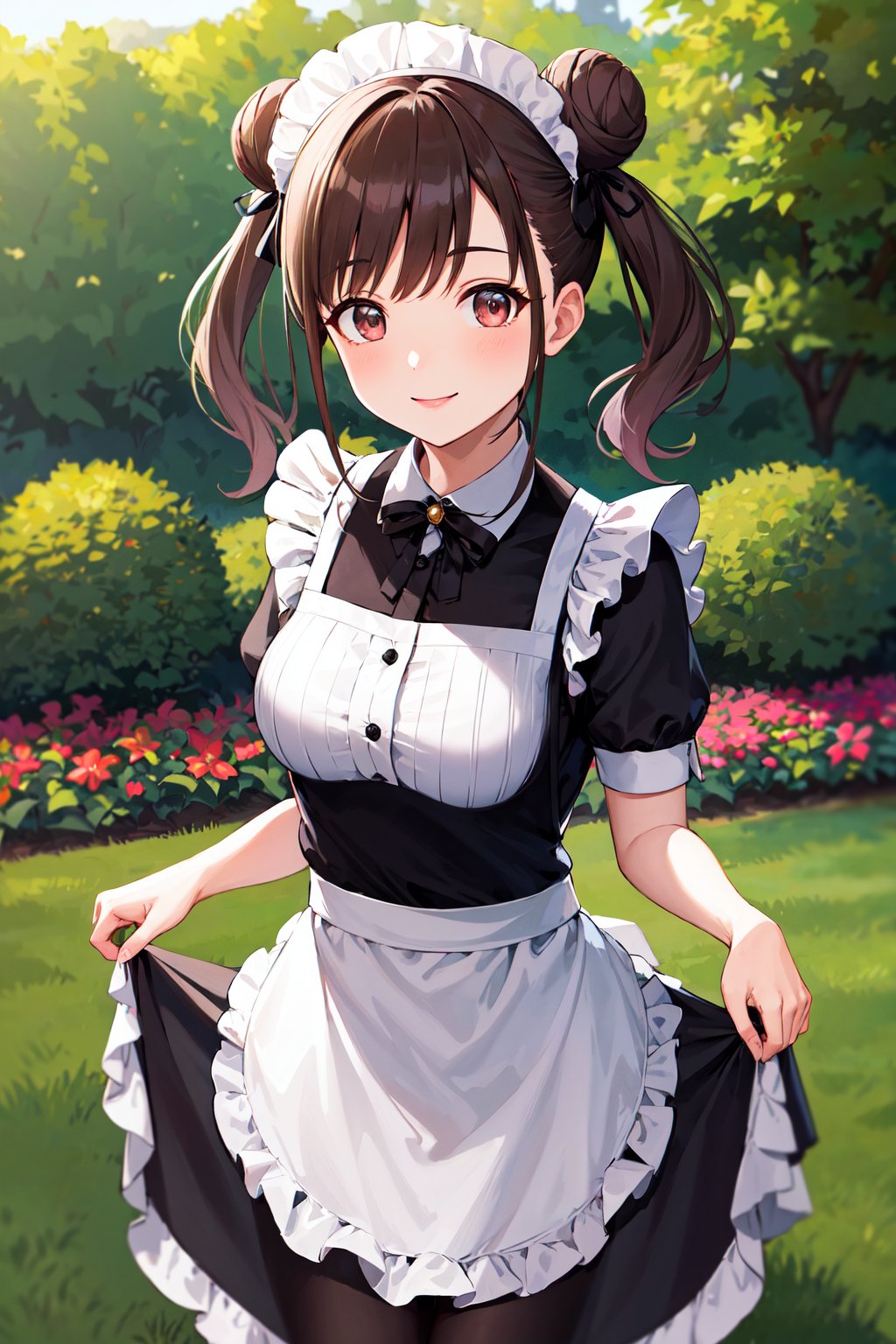 masterpiece, best quality, highres, aachiyoko, double bun, twintails, <lora:sonoda_chiyoko_v1:0.7>, maid headdress, maid, apron, skirt hold, garden, smile, standing