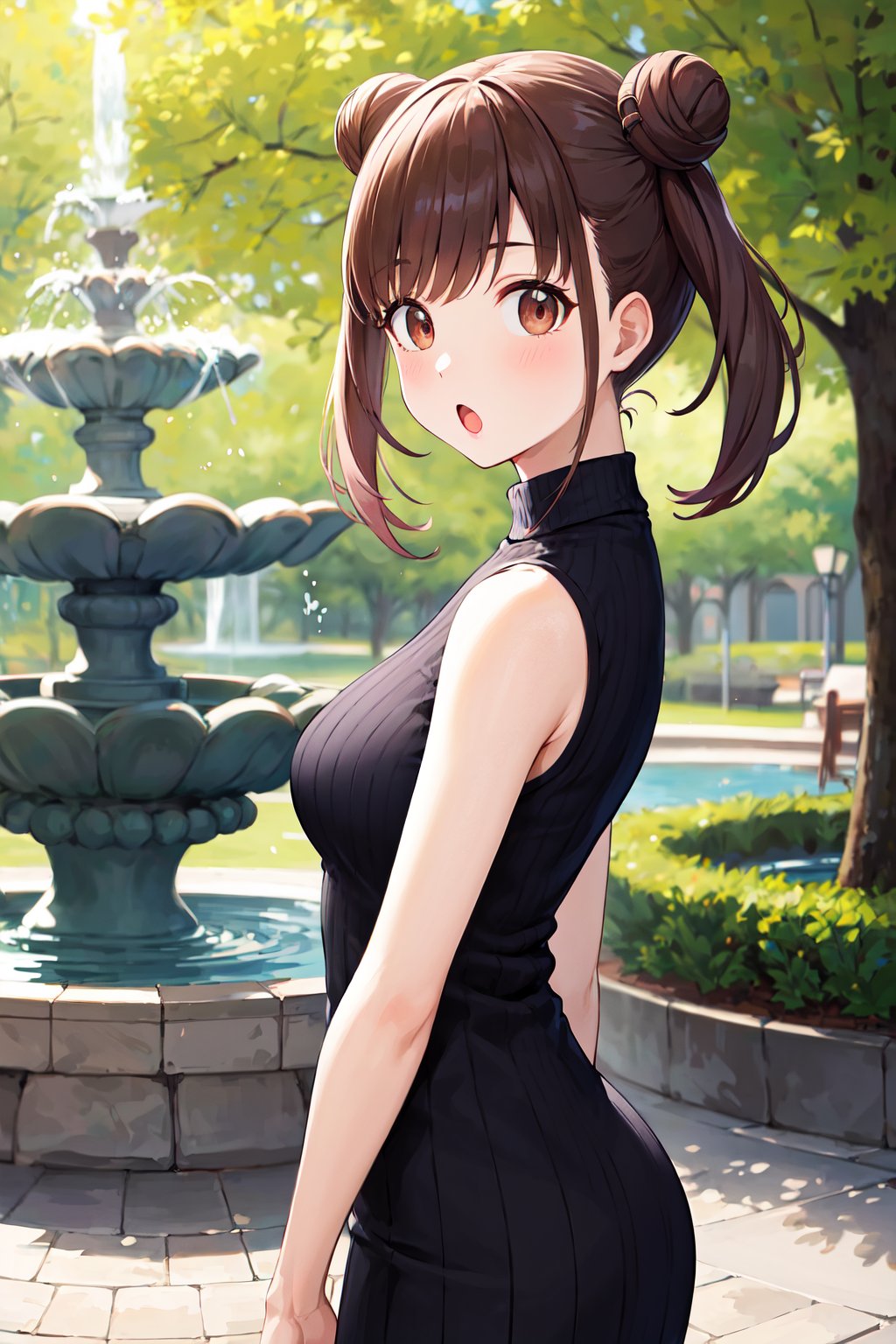 masterpiece, best quality, highres, aachiyoko, double bun, twintails, <lora:sonoda_chiyoko_v1:0.7>, sweater dress, sleeveless, from side, fountain, park, :o, looking at viewer, 