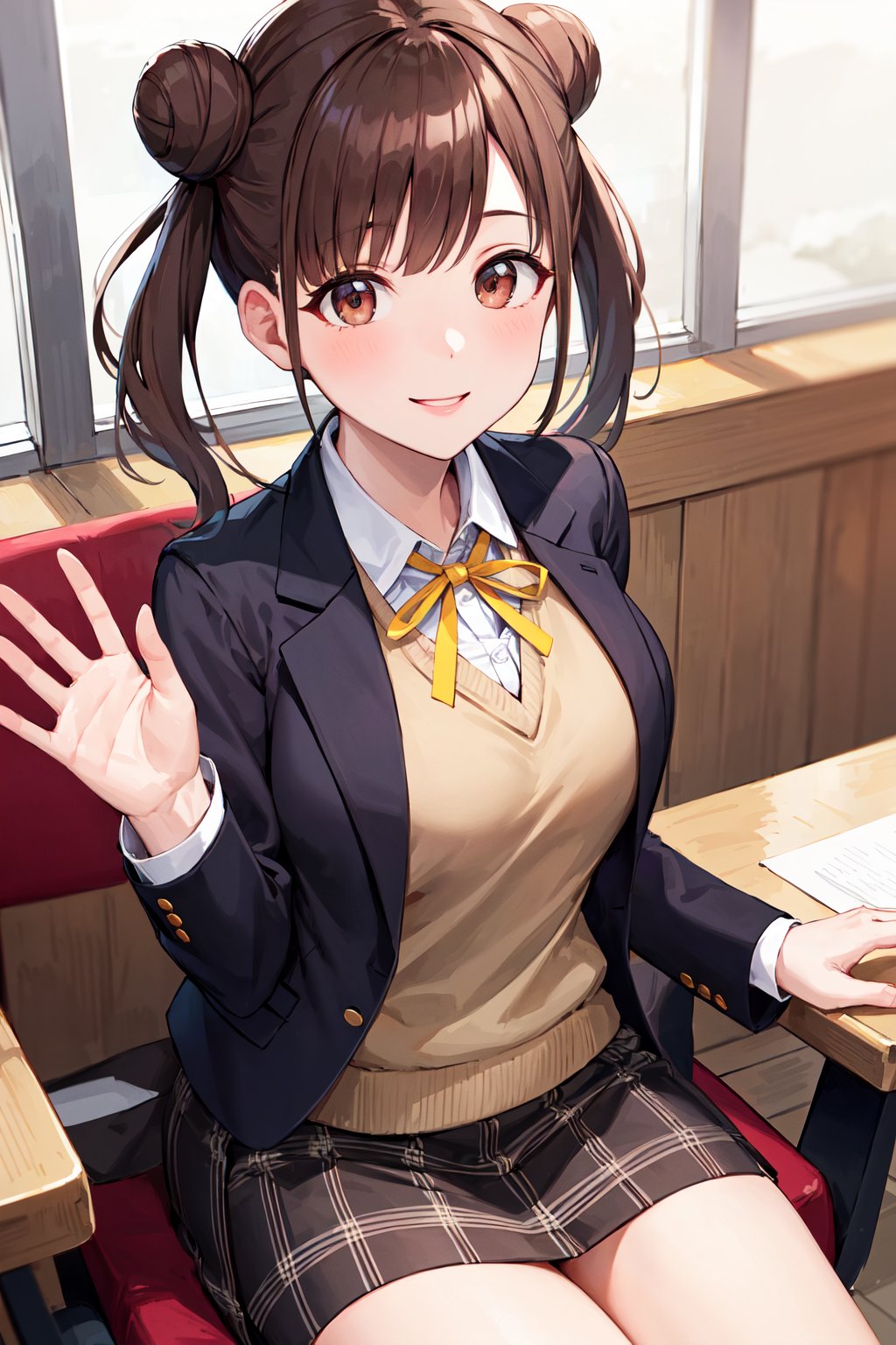 masterpiece, best quality, highres, aachiyoko, double bun, twintails, neck ribbon, yellow ribbon, collared shirt, sweater vest, blazer, black jacket, open clothes, long sleeves, plaid skirt, brown skirt, <lora:sonoda_chiyoko_v1:0.7>, sitting, waving, smile, chair