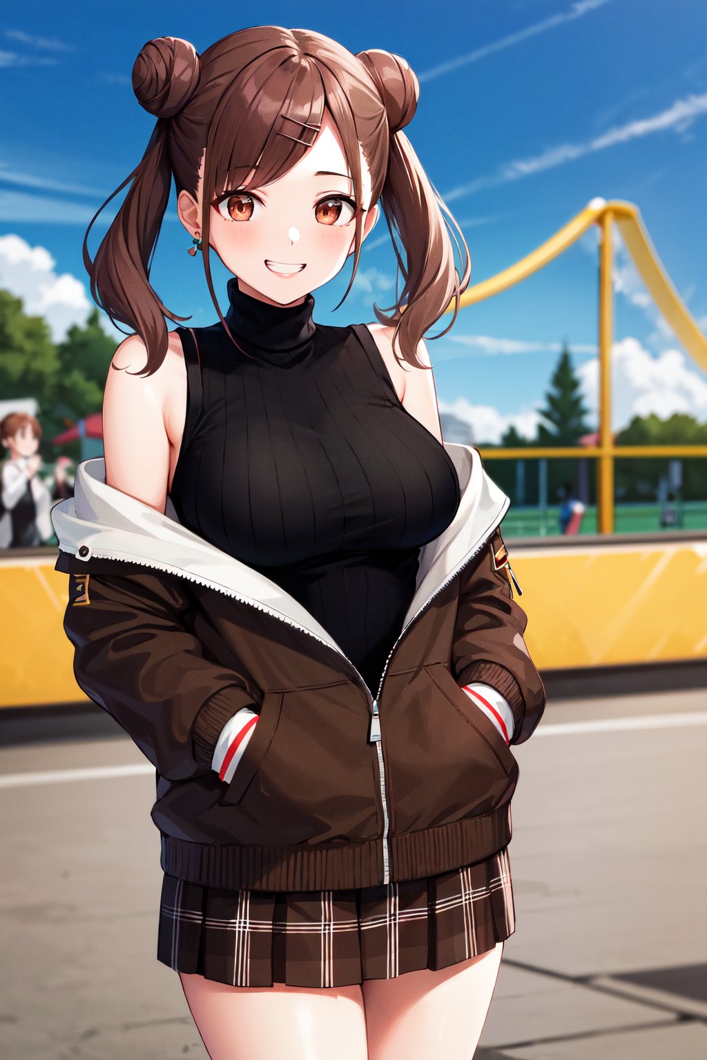 masterpiece, best quality, highres, eechiyoko, double bun, twintails, hairclip, earrings, turtleneck, bare shoulders, off shoulder, sleeveless sweater, (black sweater:1.2), brown jacket, long sleeves, brown skirt, plaid skirt, <lora:sonoda_chiyoko_v1:0.7>, grin, hand in pocket, amusement park, standing