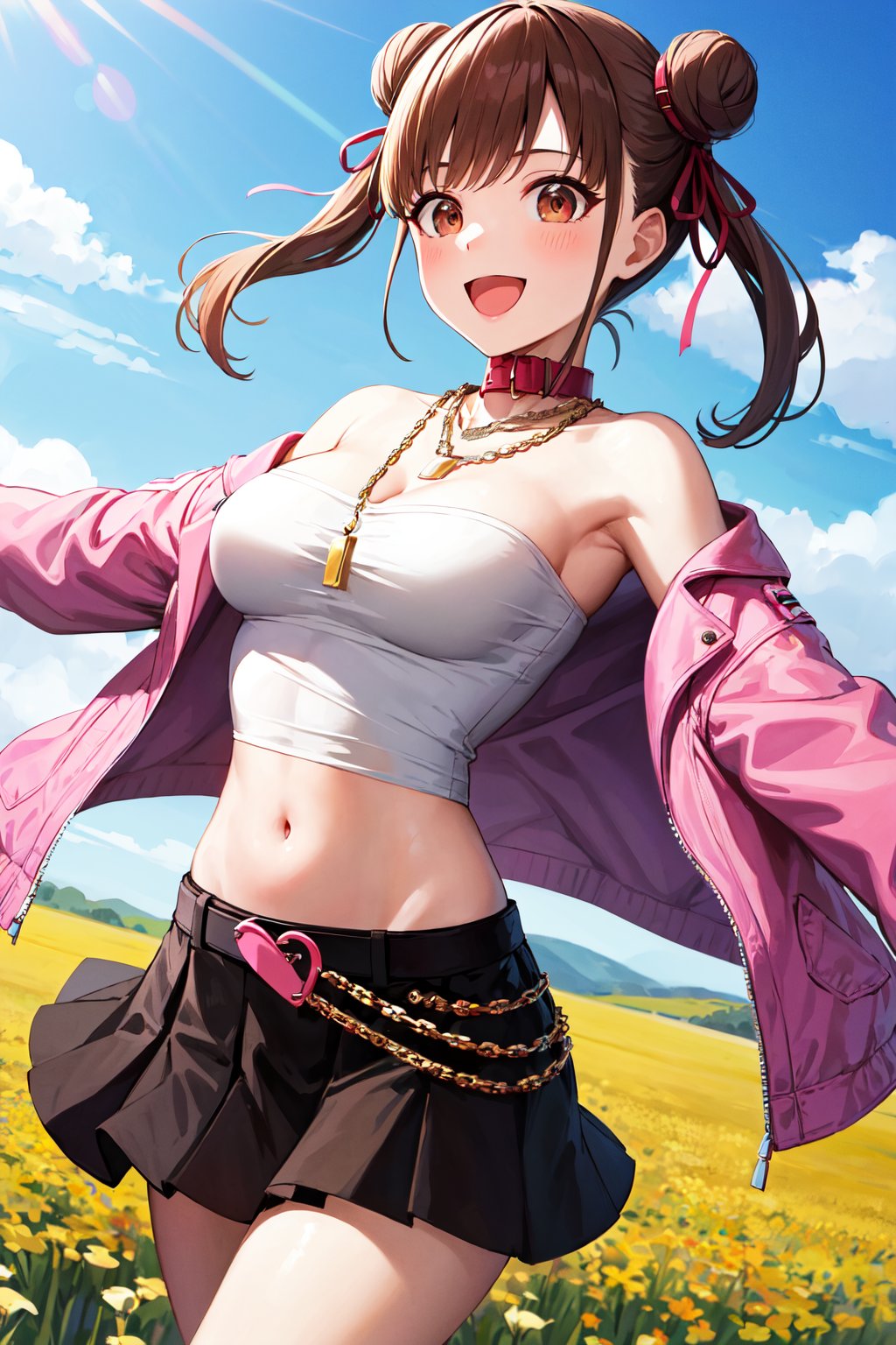 masterpiece, best quality, highres, ccchiyoko, double bun, twintails, hair ribbon, collar, chain necklace, bare shoulders, cleavage, strapless, tube top, white shirt, off shoulder, pink jacket, open jacket, midriff, belt, black skirt, <lora:sonoda_chiyoko_v1:0.7>, outstretched arms, smile, open mouth, wind, field,