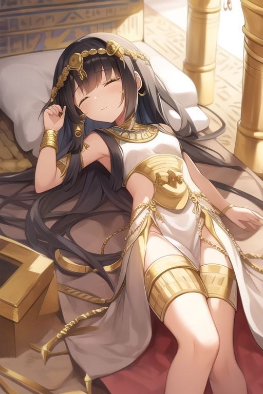 ancient egyptian clothes, 1girl, solo, sleeping, lying, on back, temple, pile of gems, tears