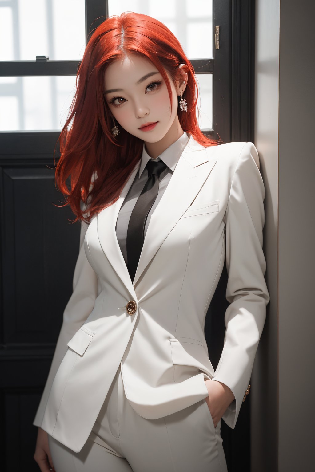 (masterpiece), 1girl, beautiful girl, red hair, red eyes, suit, smirk, looking at viewer,