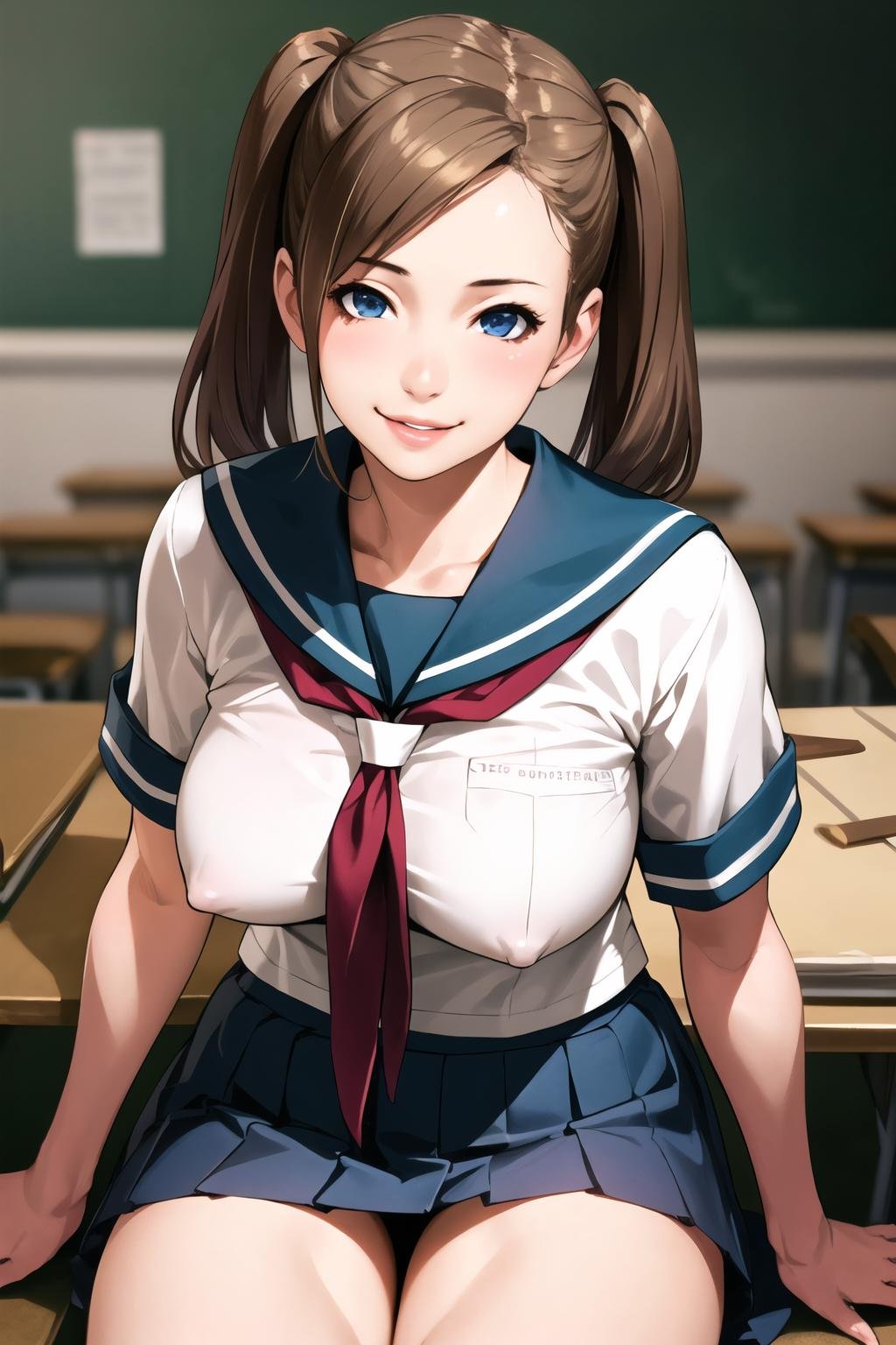 best quality, masterpiece,raw photo, (realistic:1.4), in school, 1girl,twintails, large breasts,  blue eyes, mature female, syk, school unoform, serafuku,  smile, lips, sitting, thighs, <lora:syk:0.5>