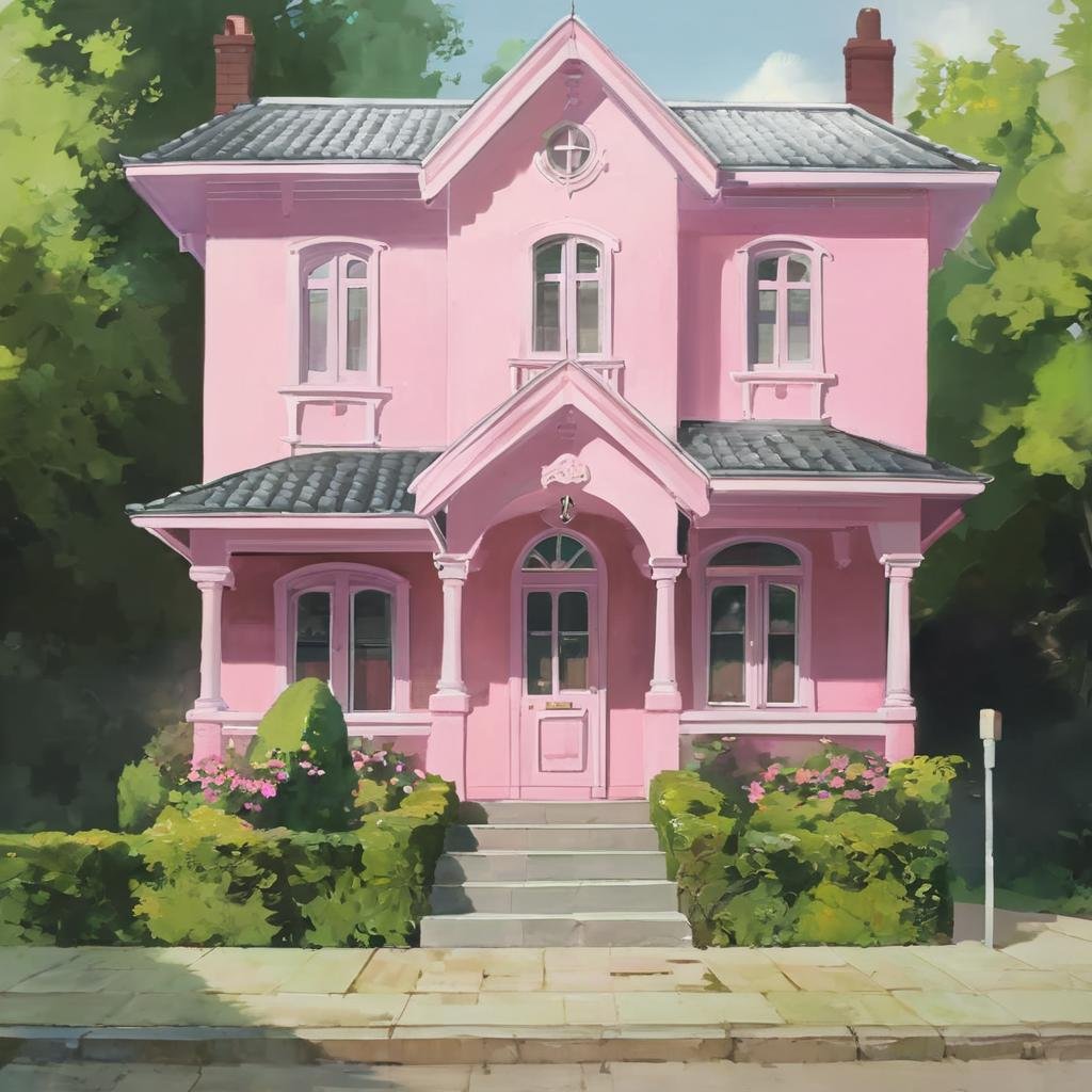 A cute pink house, StdGBRedmAF <lora:StudioGhibliRedmond-StdGBRedmAF:1>