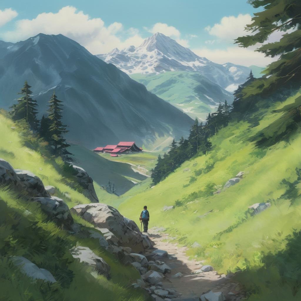 A big mountain scenario, snow mountain, StdGBRedmAF <lora:StudioGhibliRedmond-StdGBRedmAF:1>